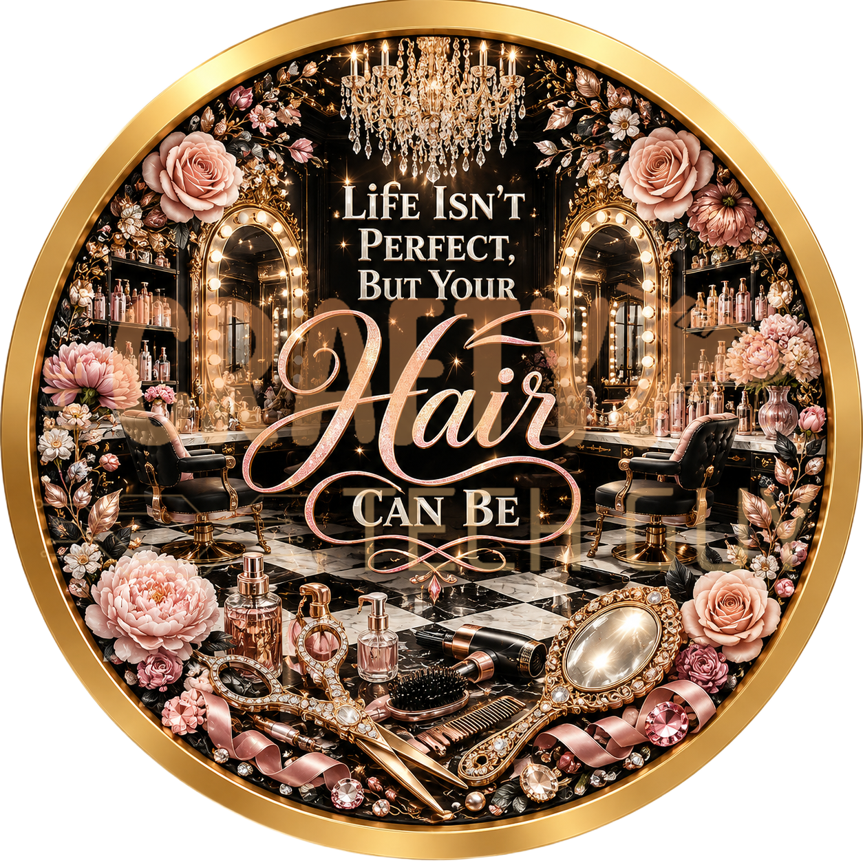 Glam pink and gold salon chair illustration with Life Isn't Perfect but Hair Is quote sign