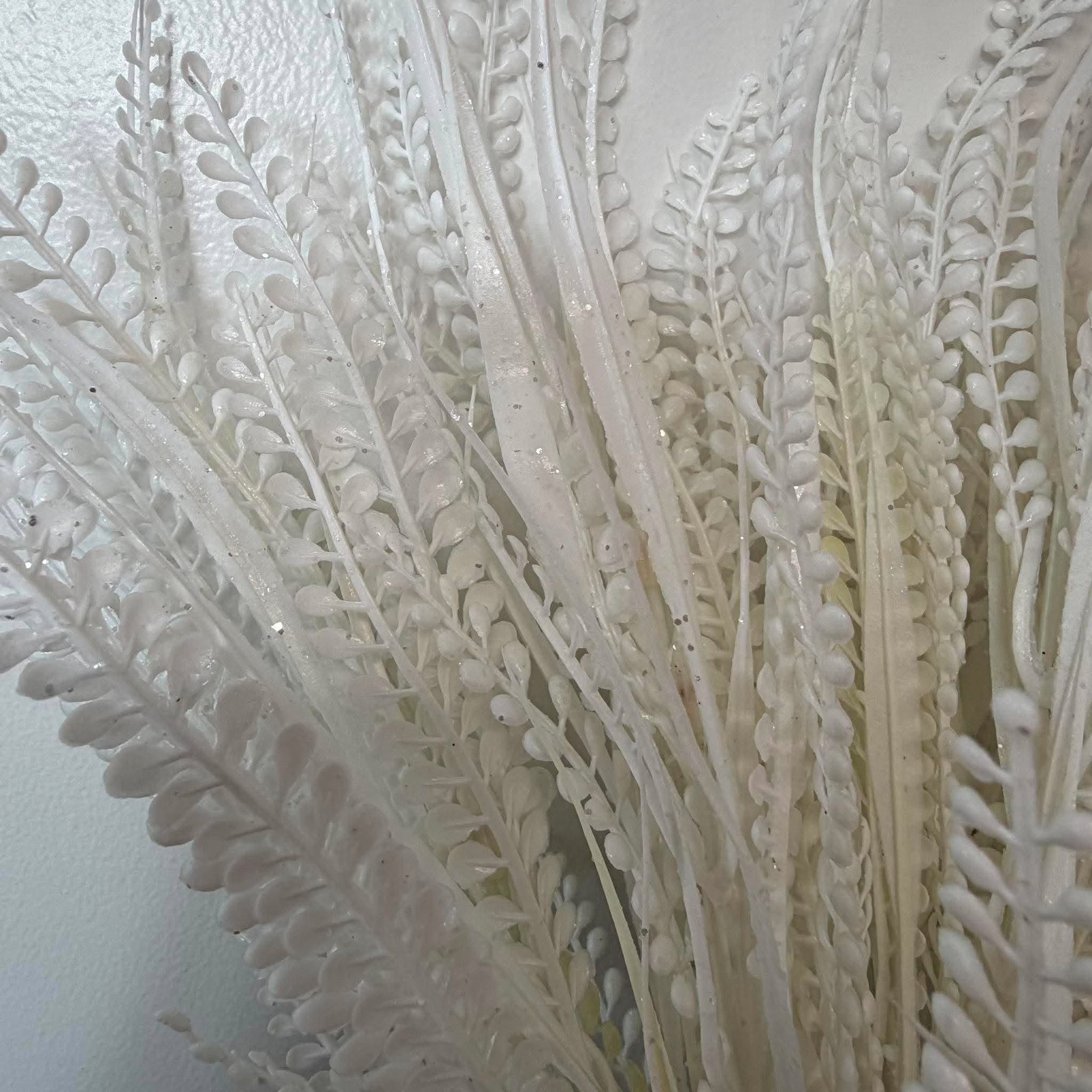 Close Up of Ivory White Glitter Fern Fronds and Bead Grass Sprigs