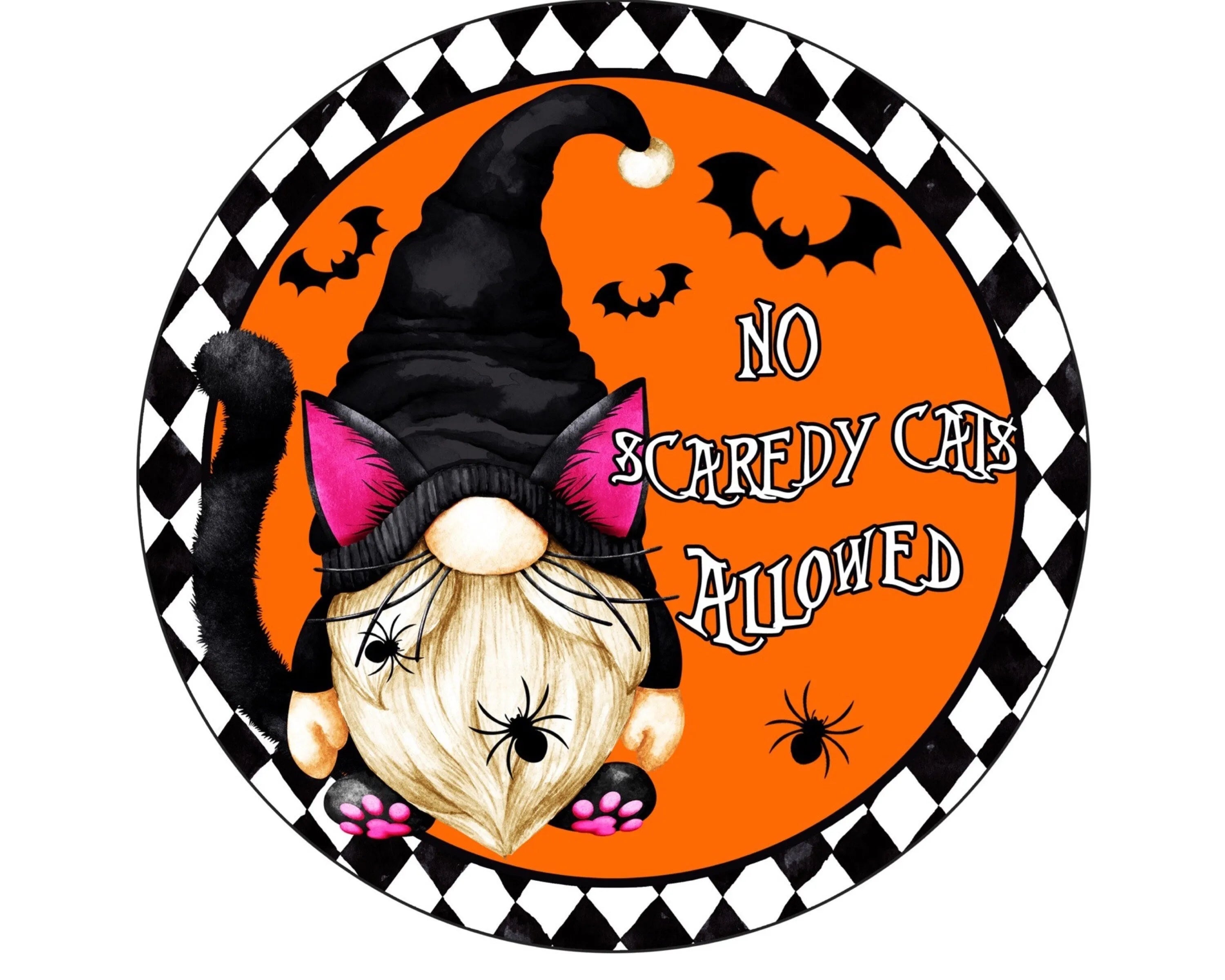 Gnome Cat Halloween sign, trick or treat sign, gnome Halloween decor, gnome wreath attachment, gnome witch sign, spooky Halloween sign