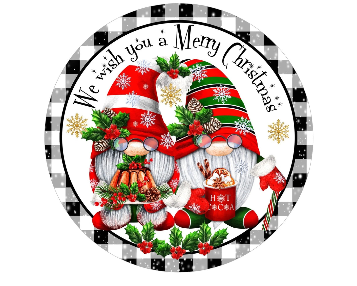 gnome couple hot cocoa and cake Merry Christmas wreath sign, gnome holly snowflake yule tide holiday wreath attachment