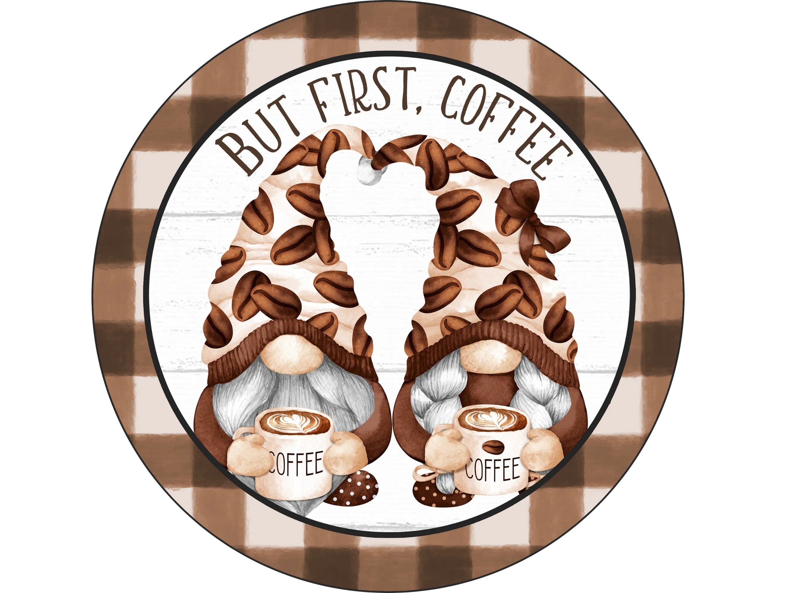 gnome cup of coffee buffalo check wreath sign, brown and cream gnome wall art, morning coffee gnome wreath attachment