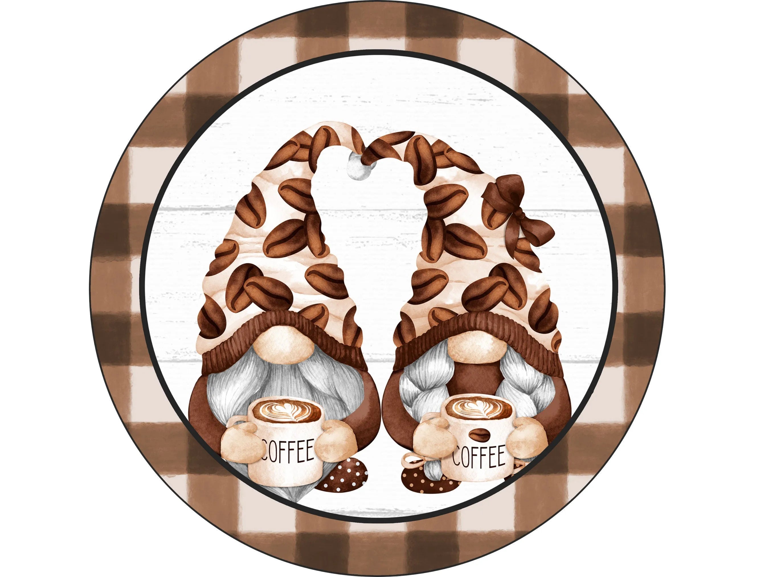 gnome cup of coffee buffalo check wreath sign, brown and cream gnome wall art, morning coffee gnome wreath attachment