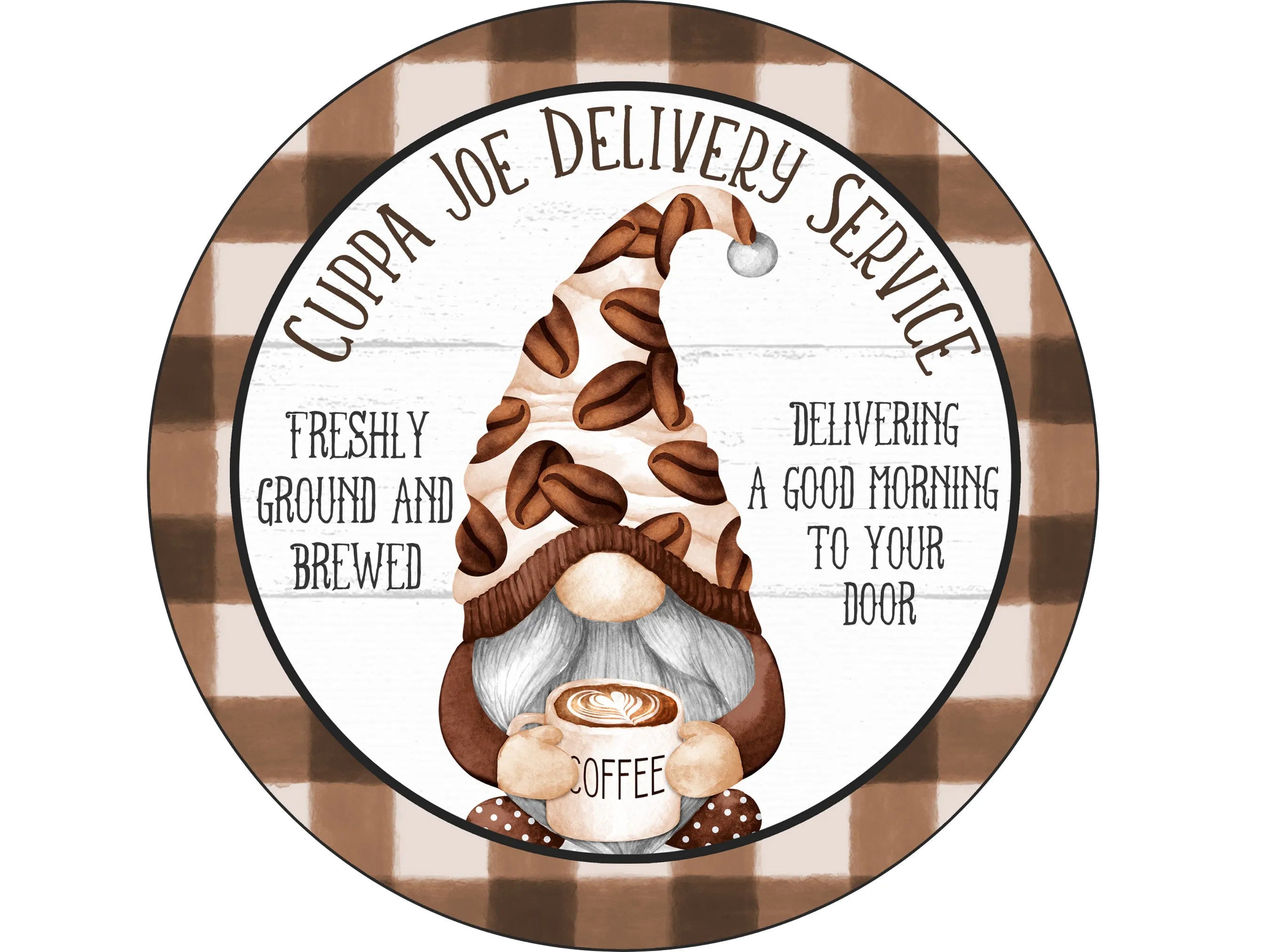 gnome cup of coffee buffalo check wreath sign, brown and cream gnome w
