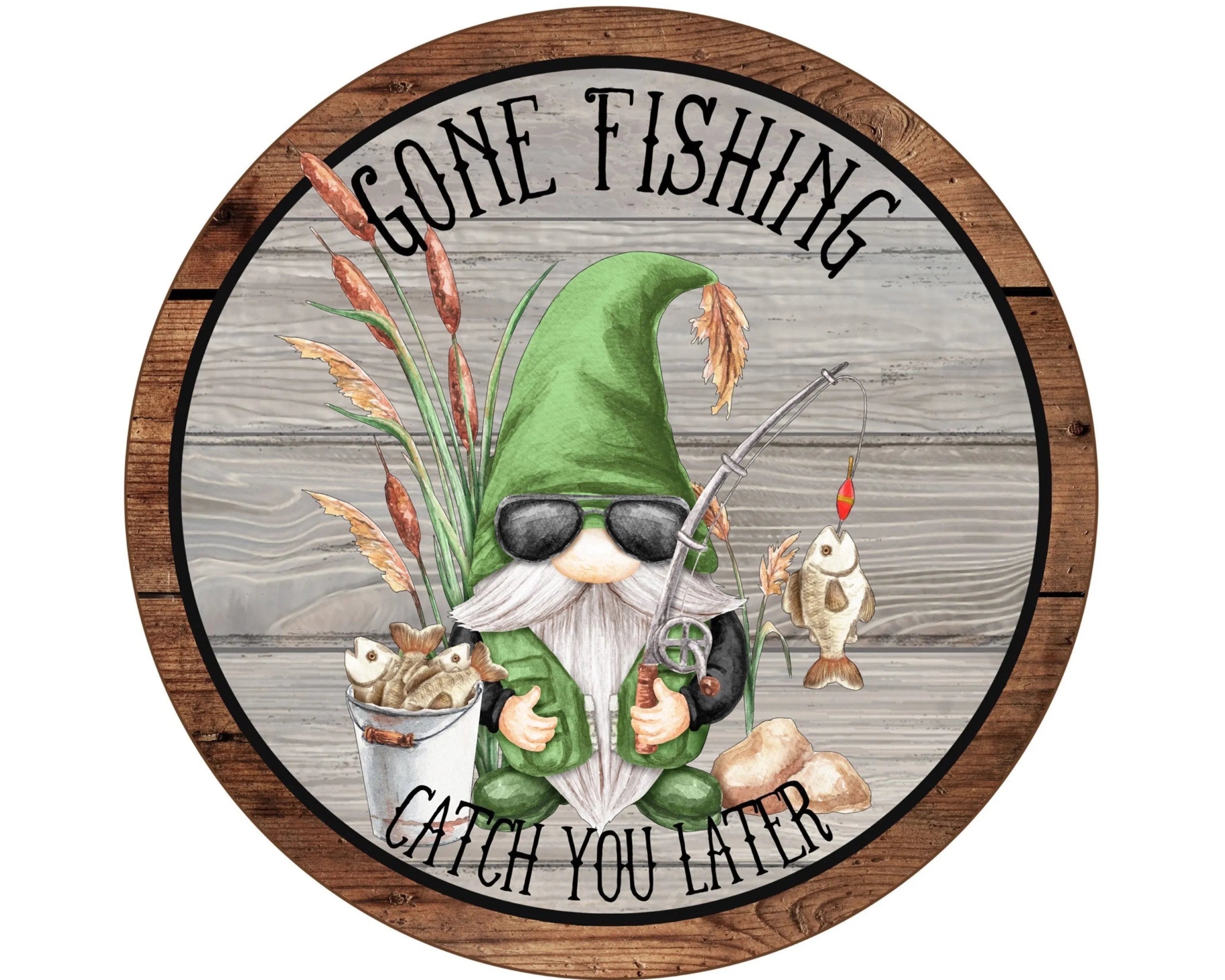 Gnome fishing wreath sign, fishing sign, gnome collector, man cave sign, gone fishing sign, rustic gnome sign, gnome barn wood sign