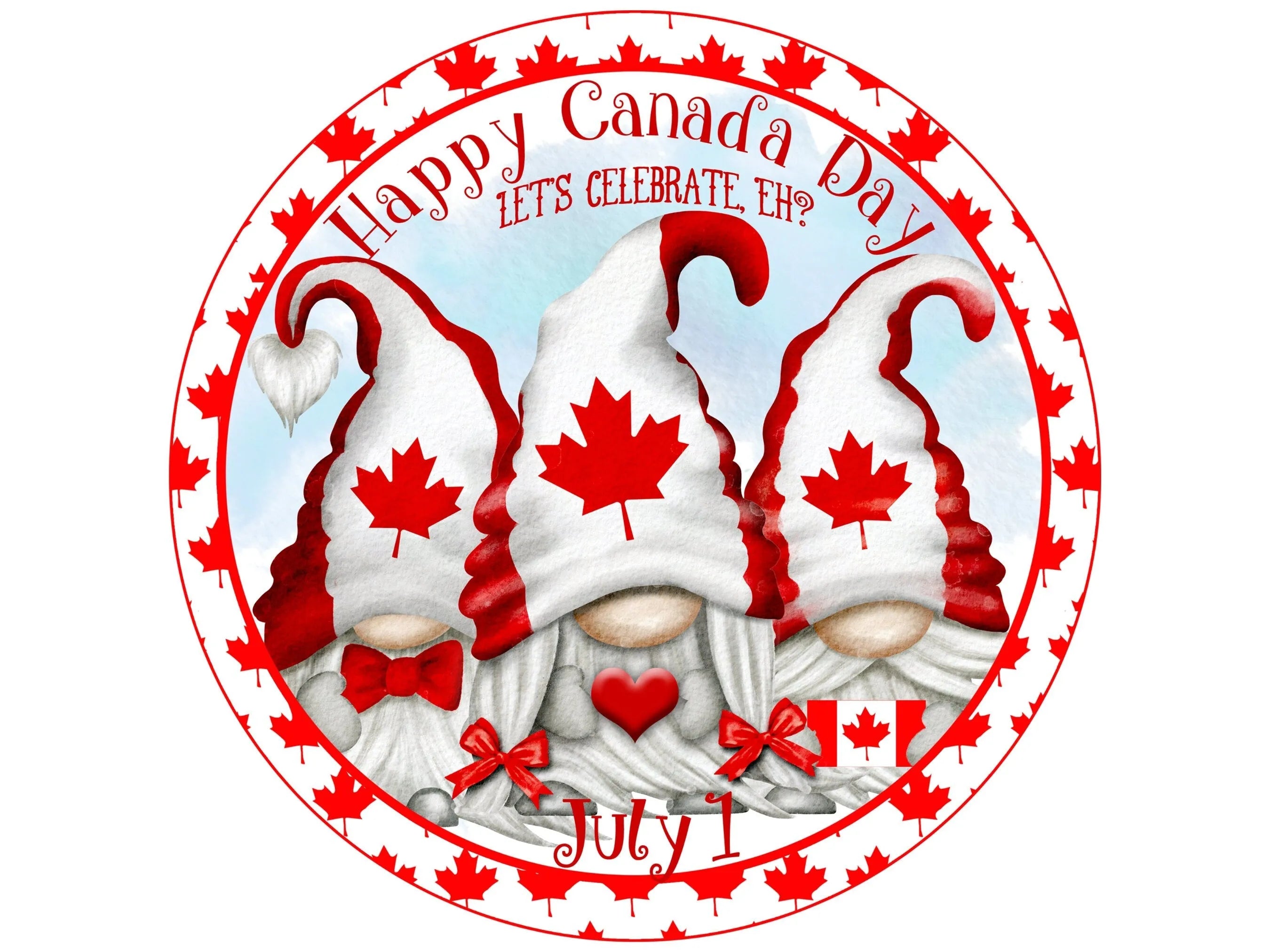 gnome happy Canada day maple leaf wreath sign, happy Canada day sign, gnome Canadian independence day, Dominion Day wreath attachment