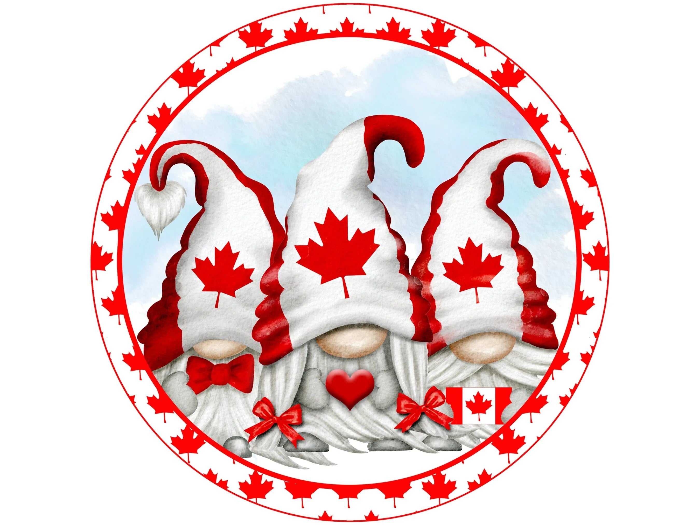 gnome happy Canada day maple leaf wreath sign, happy Canada day sign, gnome Canadian independence day, Dominion Day wreath attachment