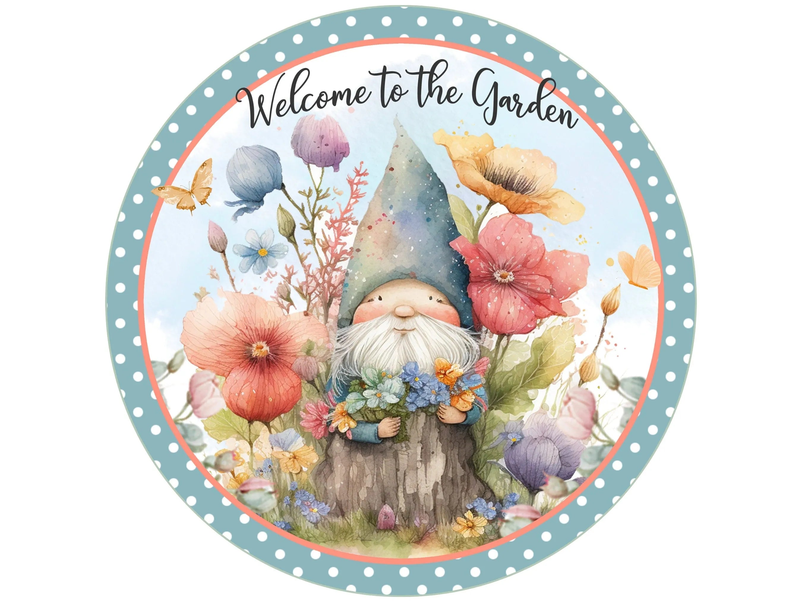 gnome in a fairy garden flowers and butterflies wreath sign, garden gnome sign, gnome sign, enchanted gnome sign