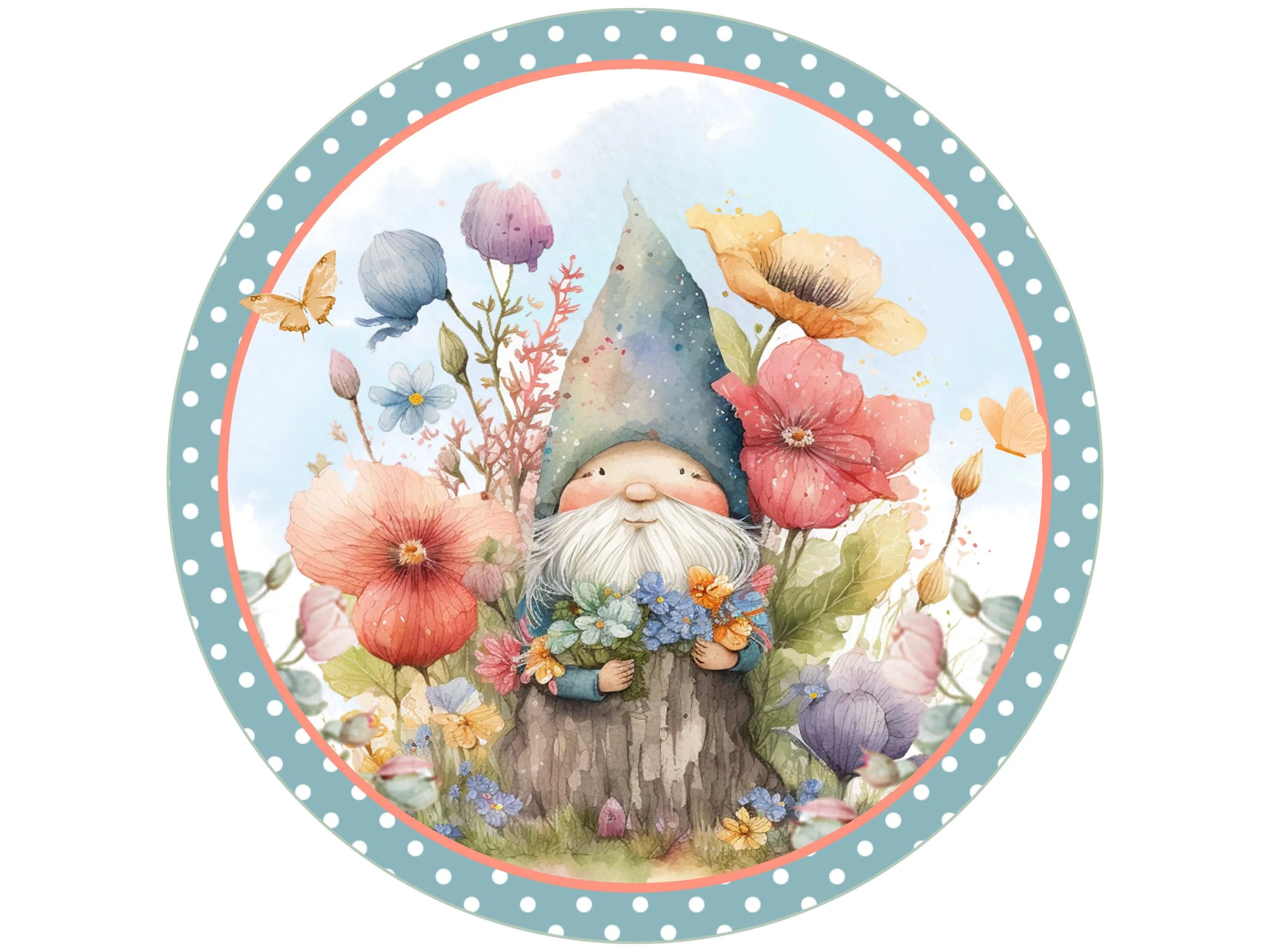 gnome in a fairy garden flowers and butterflies wreath sign, garden gnome sign, gnome sign, enchanted gnome sign