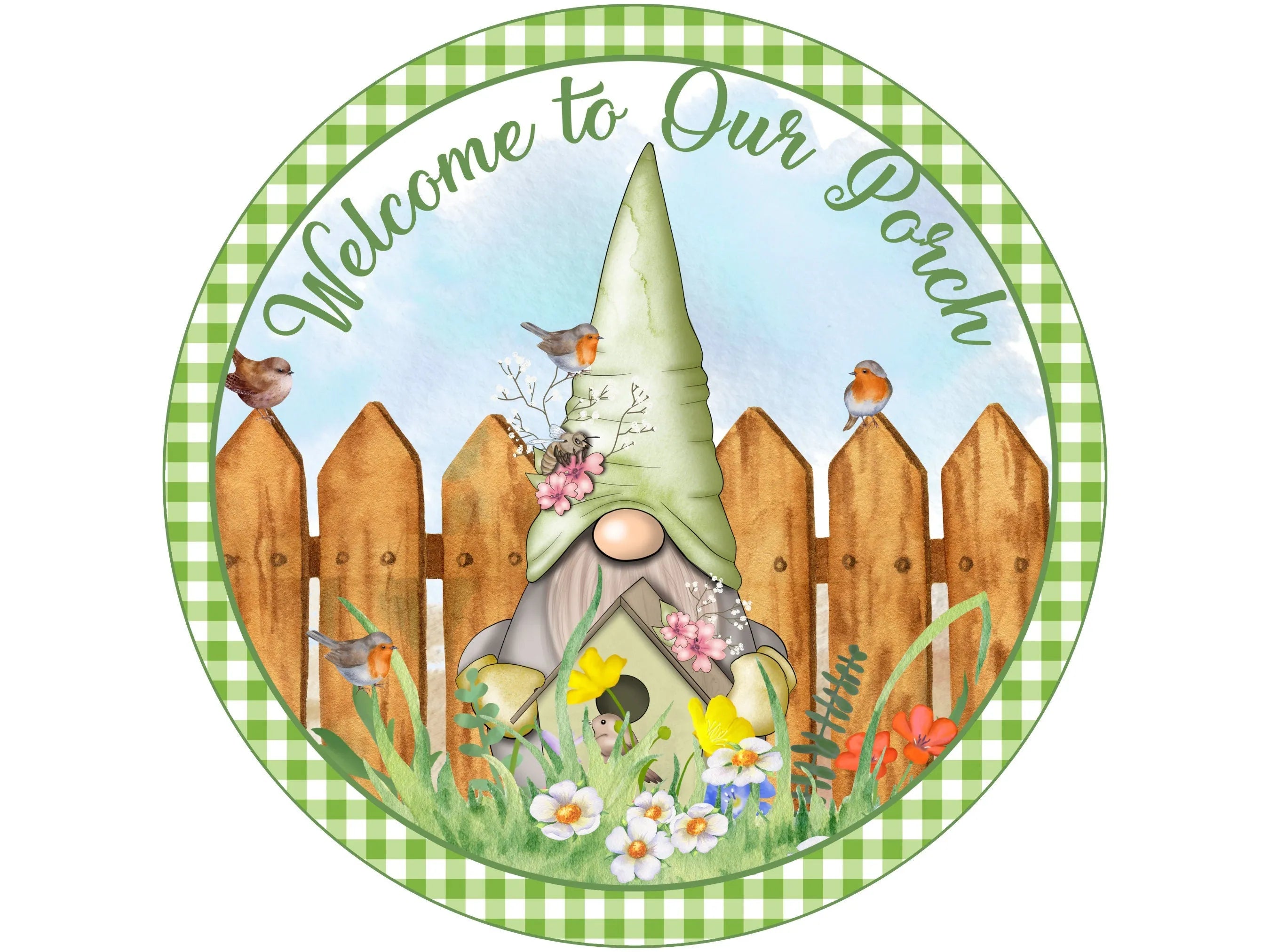 gnome standing in front of fence porch metal wreath sign, garden gnome welcome porch decoration, front porch sign, unique gnome gift