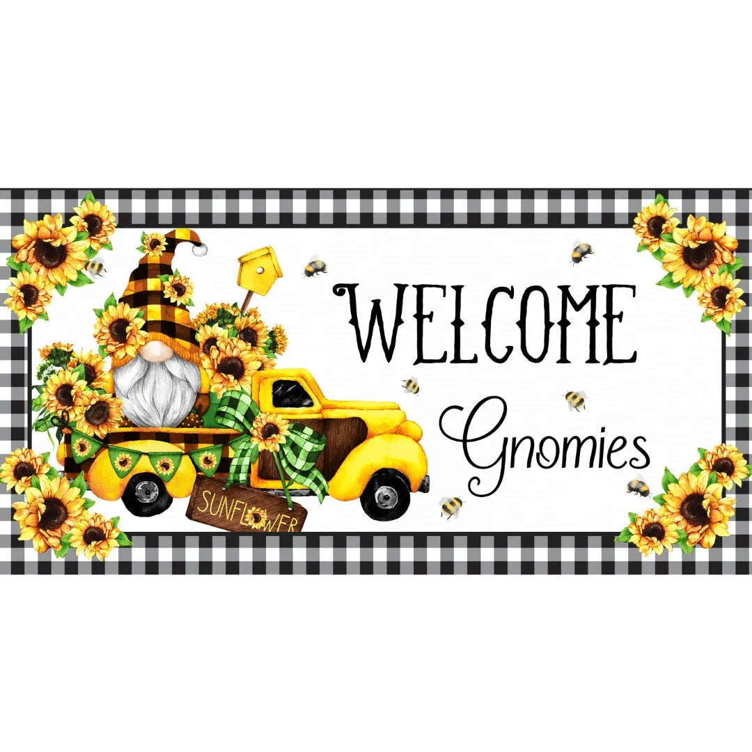 Gnome welcome wreath sign, bee sunflower wreath sign, gnome sunflower wreath sign, welcome gnomies sign, vintage truck decor