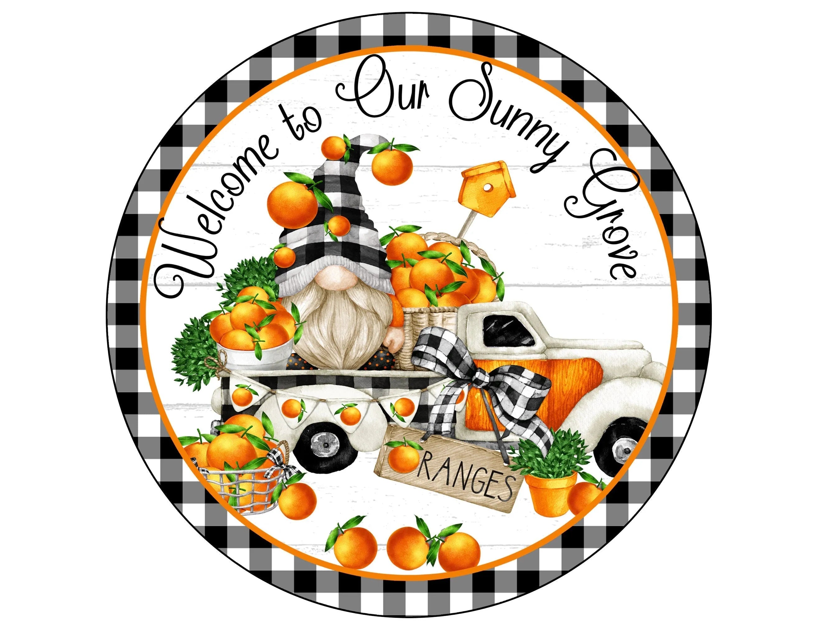 Gnome Welcome wreath sign with oranges, vintage truck oranges wreath attachment, summer peach decor, welcome peach sign, kitchen sign