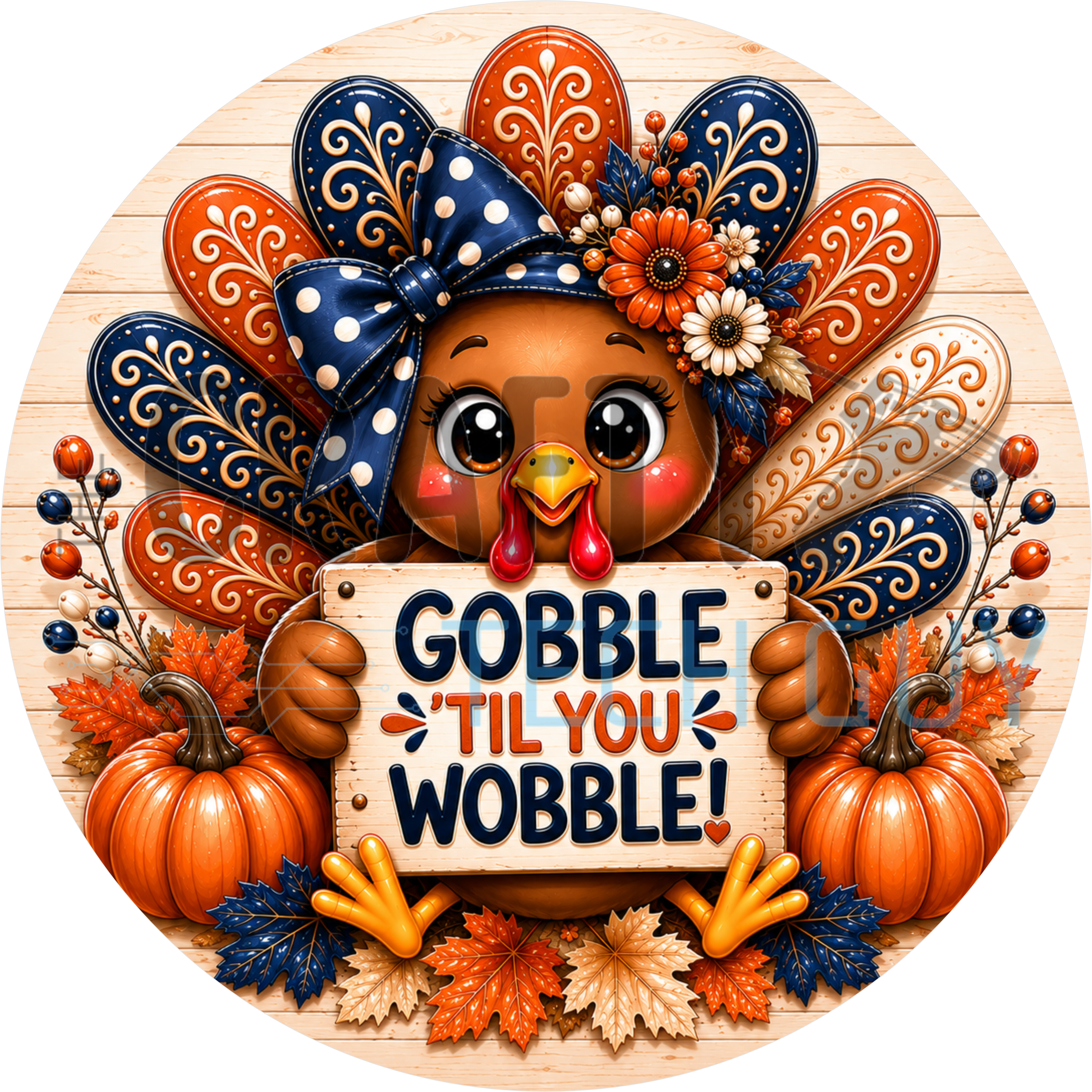 Round Thanksgiving sign with turkey in navy polka dot bow holding a Gobble Til You Wobble sign among pumpkins and leaves