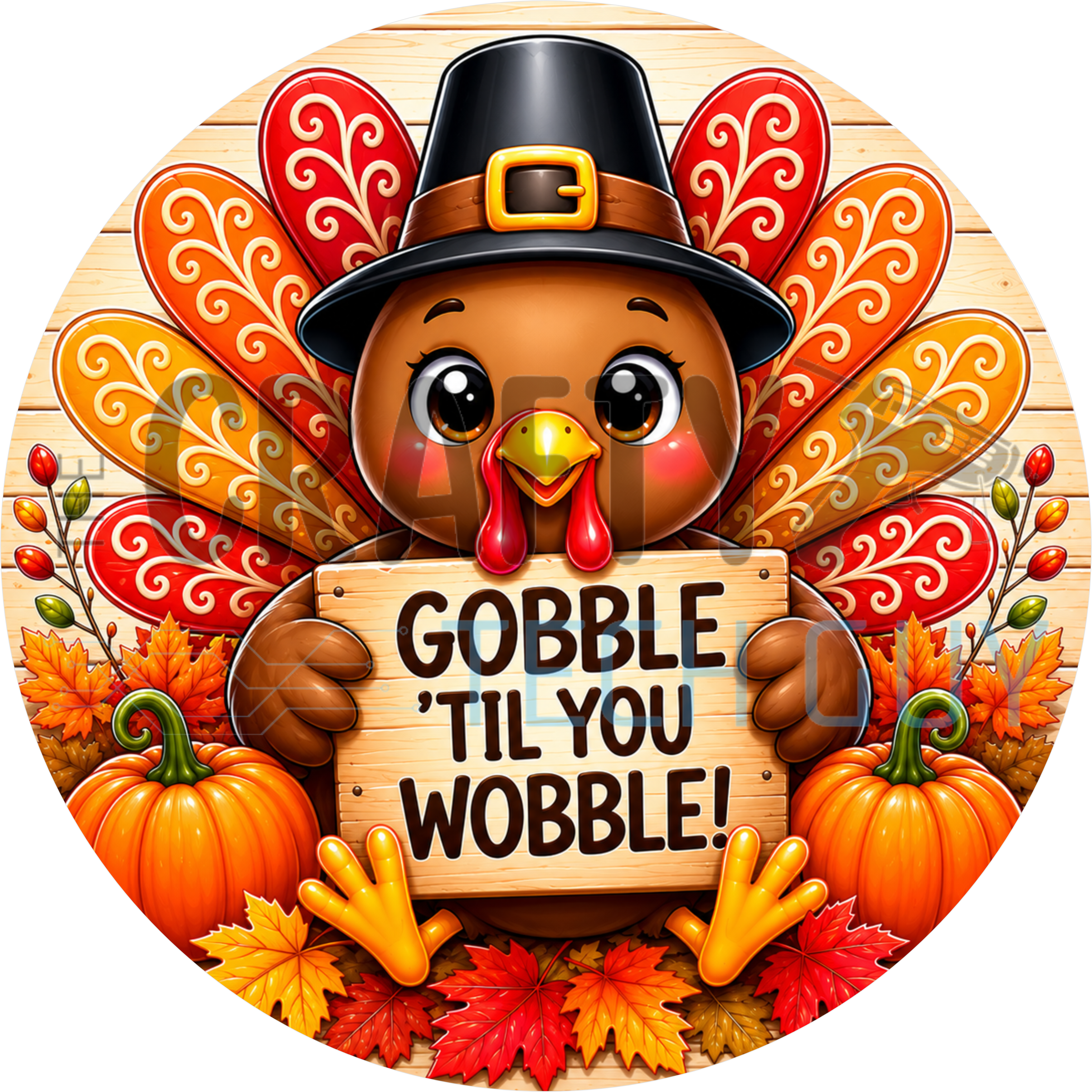 Round Thanksgiving sign with turkey in a black pilgrim hat holding a Gobble Til You Wobble sign among pumpkins and leaves