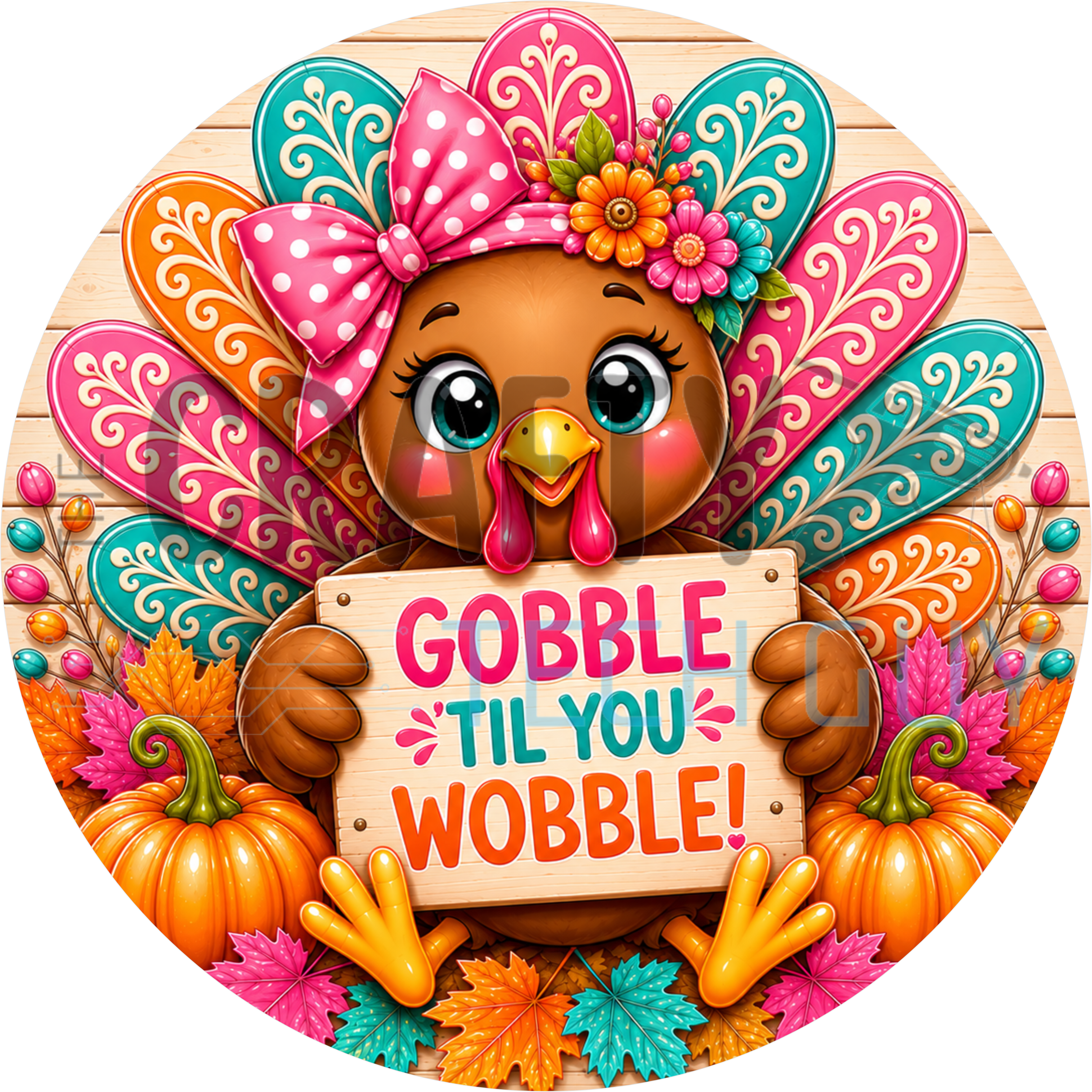 Round Thanksgiving sign with turkey in pink polka dot bow holding a Gobble Til You Wobble sign among bright pumpkins and leaves