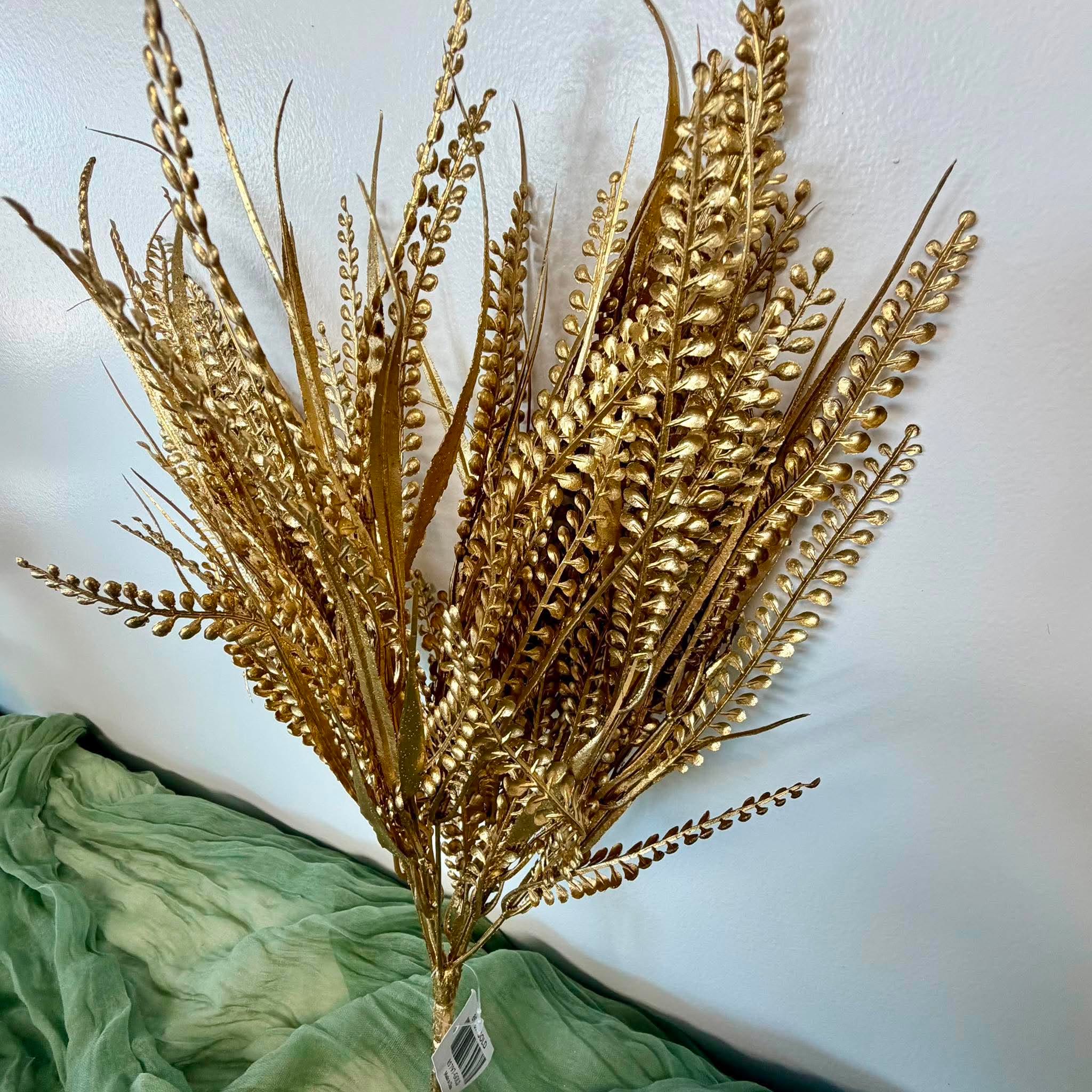 Close Up of Gold Metallic Fern Fronds and Bead Grass Wreath Filler