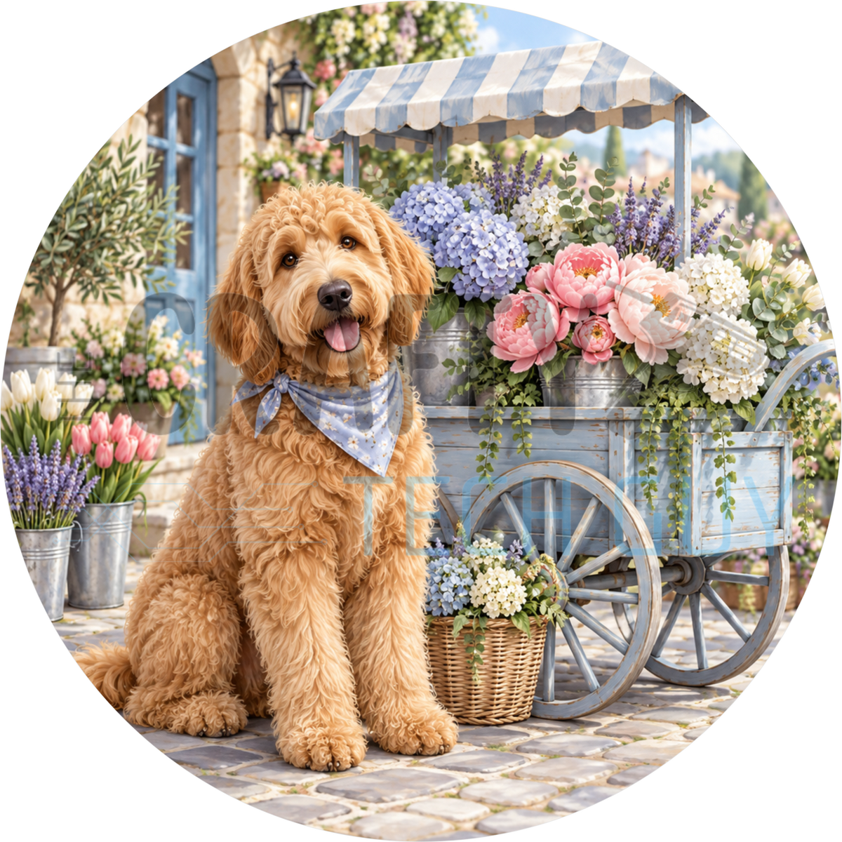 Apricot goldendoodle round wreath sign in a blue bandana beside a pale blue flower cart full of hydrangeas, peonies and tulips
