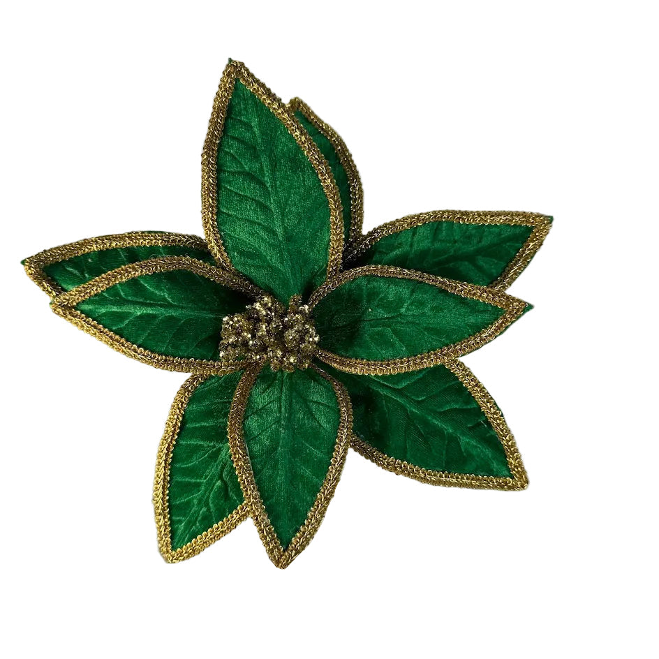 22 Inch Emerald Green Velvet Poinsettia with Gold Braid Trim and Gold Glitter Center