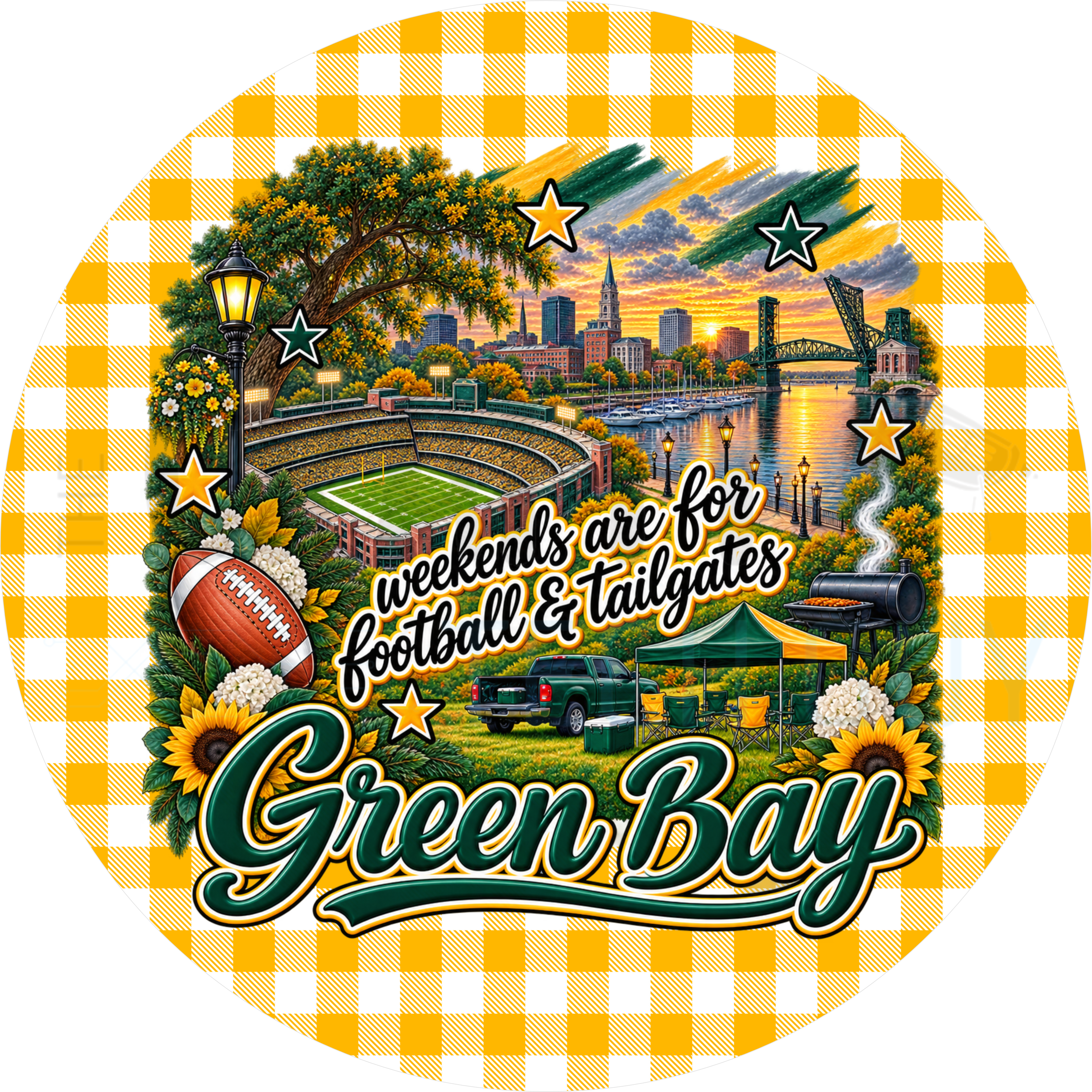 Green Bay football tailgate round wreath sign with gold gingham border, downtown skyline, drawbridge, stadium, sunflowers and a tailgate scene
