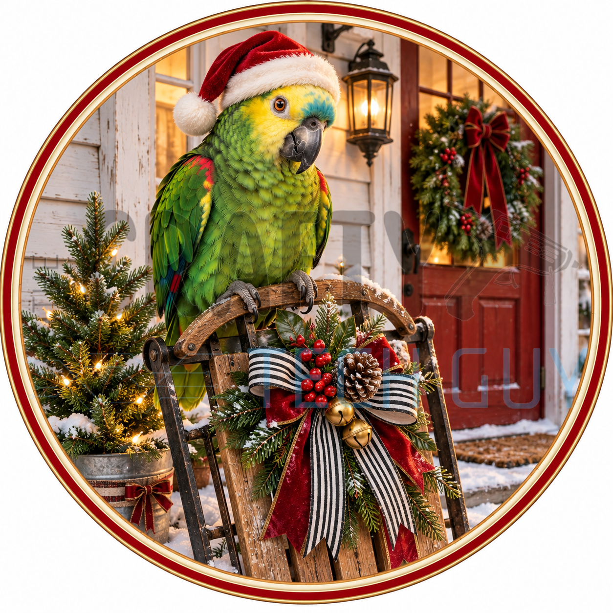 Green Amazon parrot in a Santa hat round wreath sign perched on a vintage wooden sled with striped ribbon, jingle bells, a lit tree and a red farmhouse door