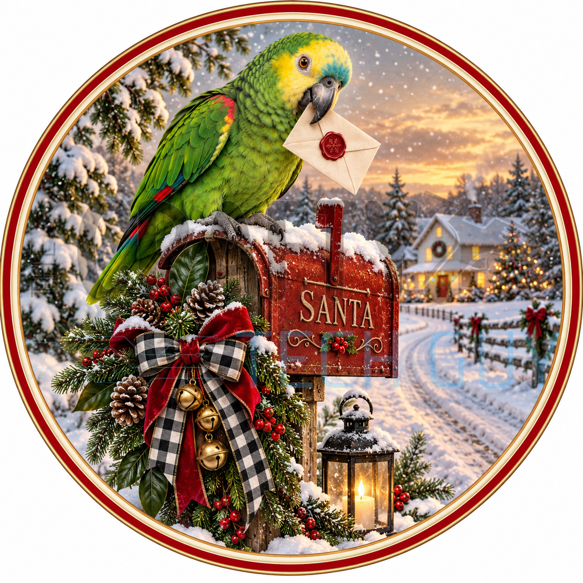 Green Amazon parrot round wreath sign perched on a red Santa mailbox holding a letter, with a buffalo check bow, gold jingle bells, pinecones and a snowy cottage lane