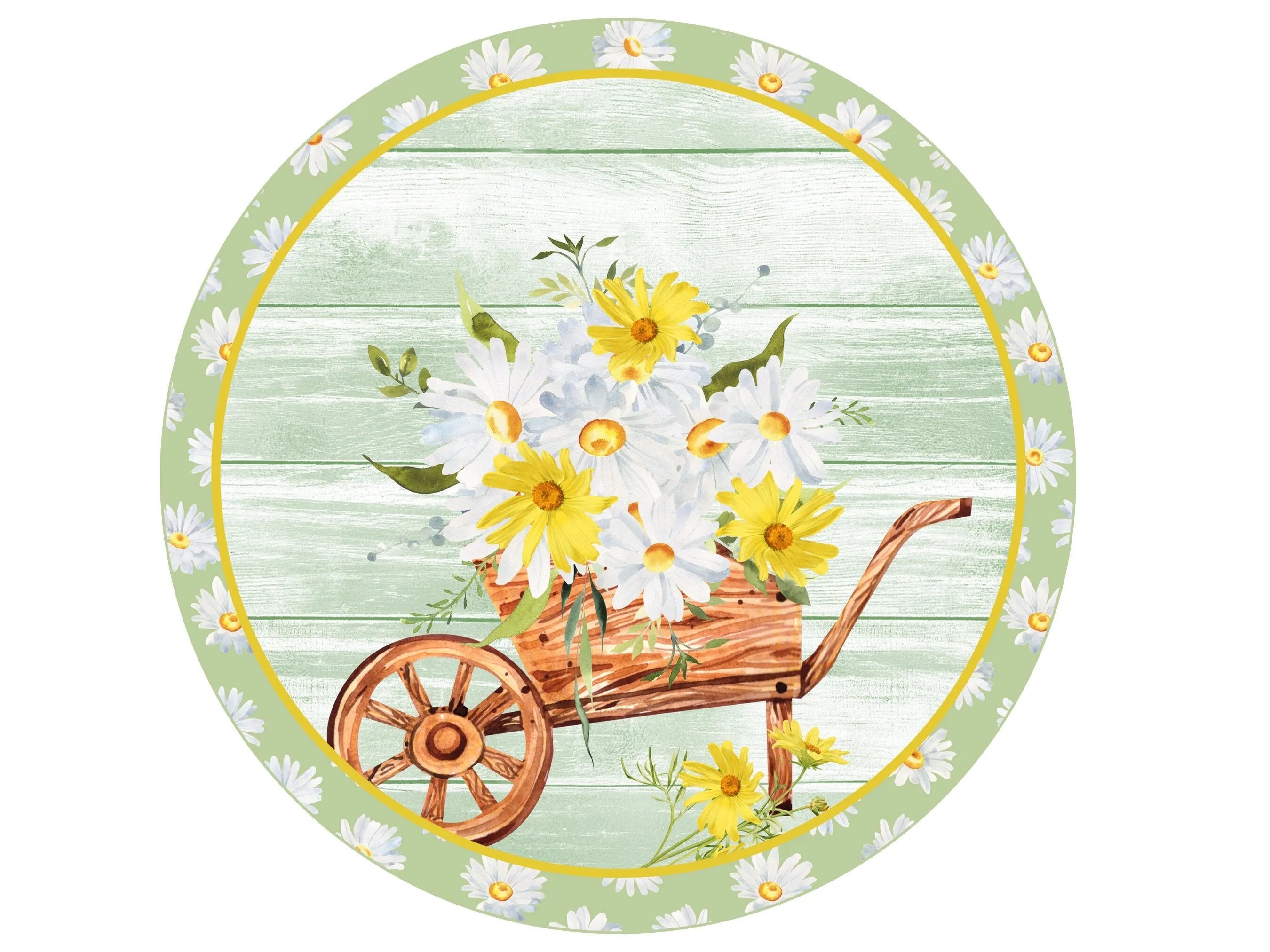 green and white daisy wheelbarrow spring sign, farmhouse shiplap yellow daisies wall art, sign for kitchen