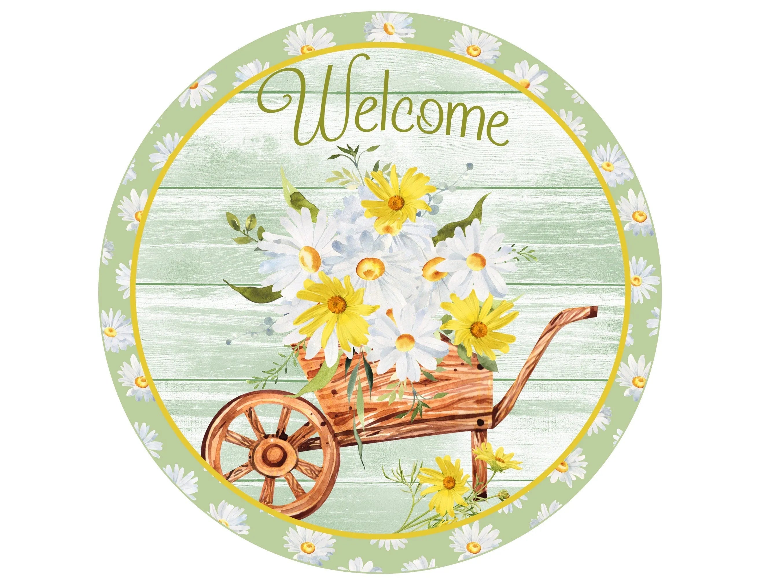 green and white daisy wheelbarrow spring sign, farmhouse shiplap yellow daisies wall art, sign for kitchen