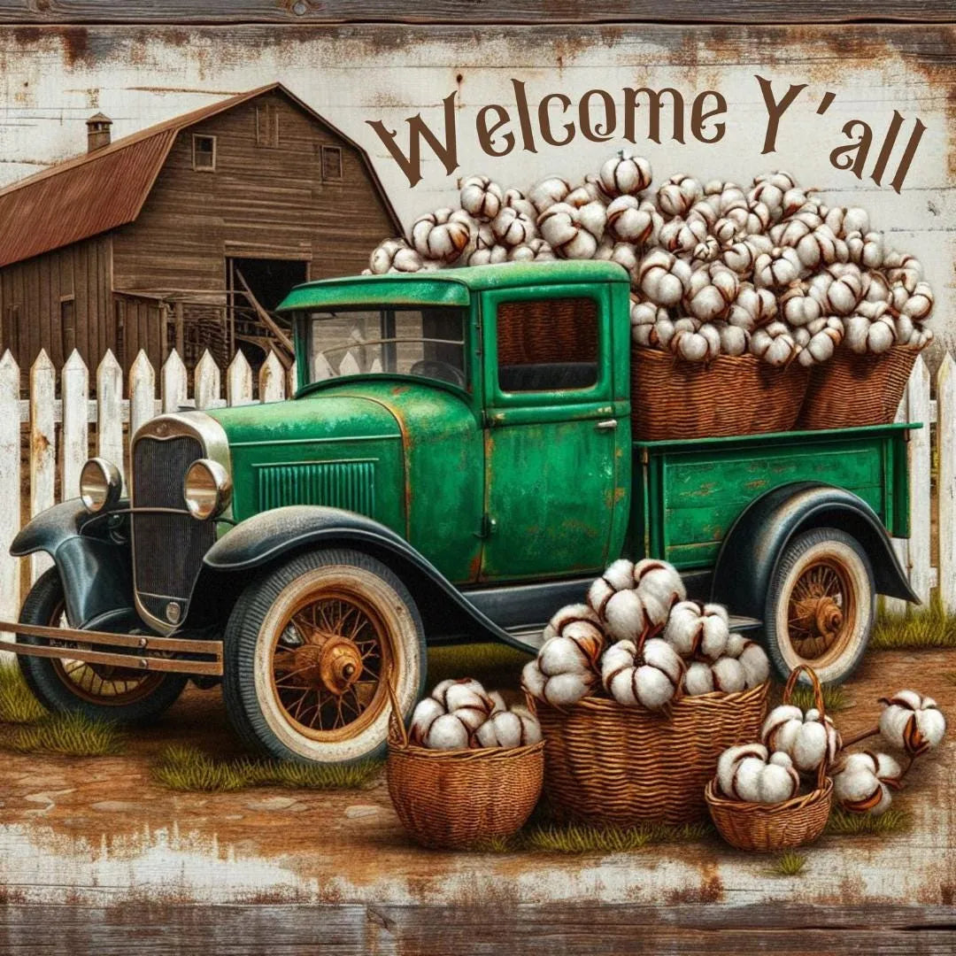 Green Antique Truck Welcome Y'all Sign - Cotton Farmhouse Decor - Rustic Vintage Wall Art