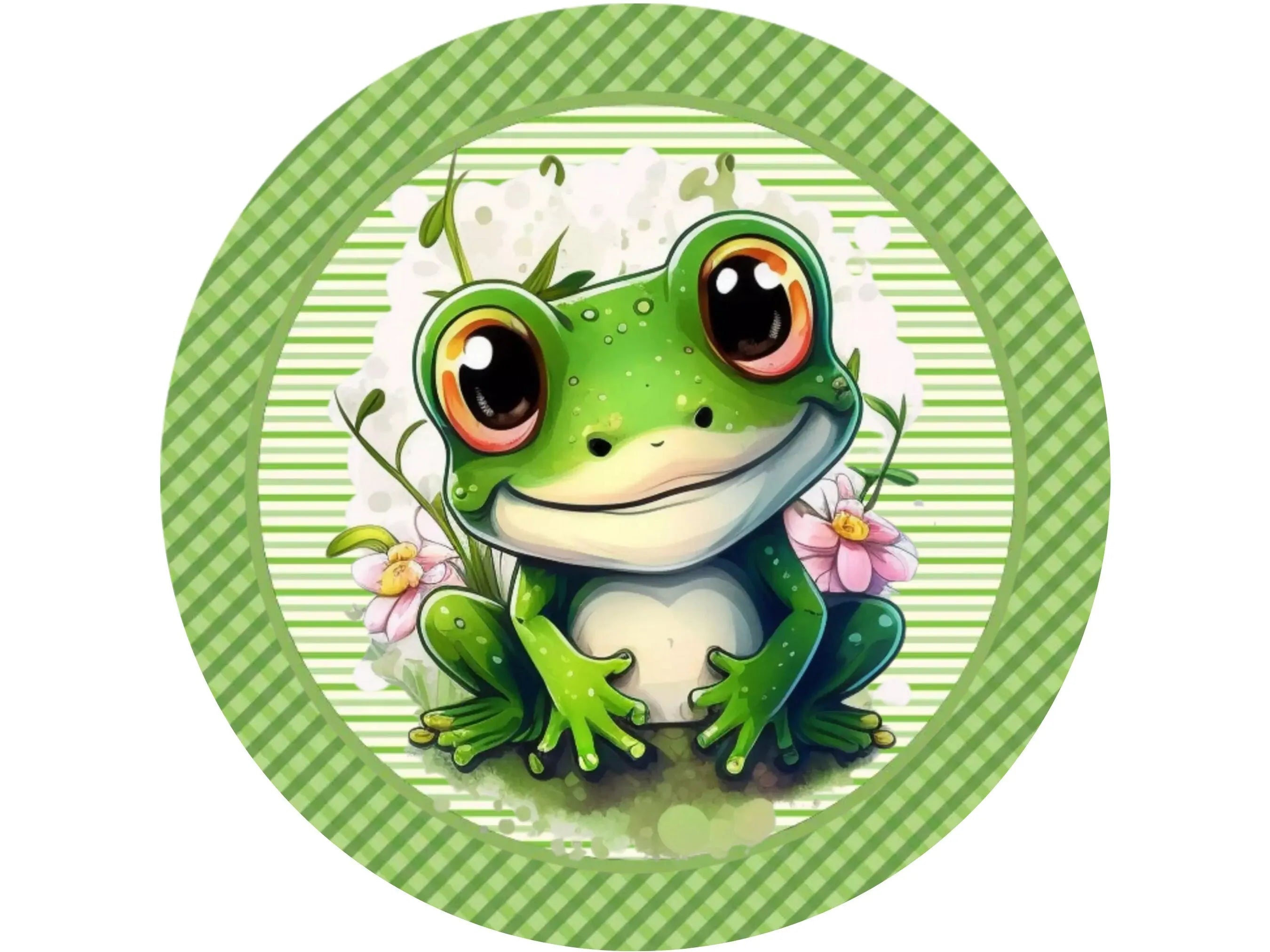 green big eyed frog on pond with flowers wreath sign, frog with pink flowers wall art, green buffalo check frog decoration