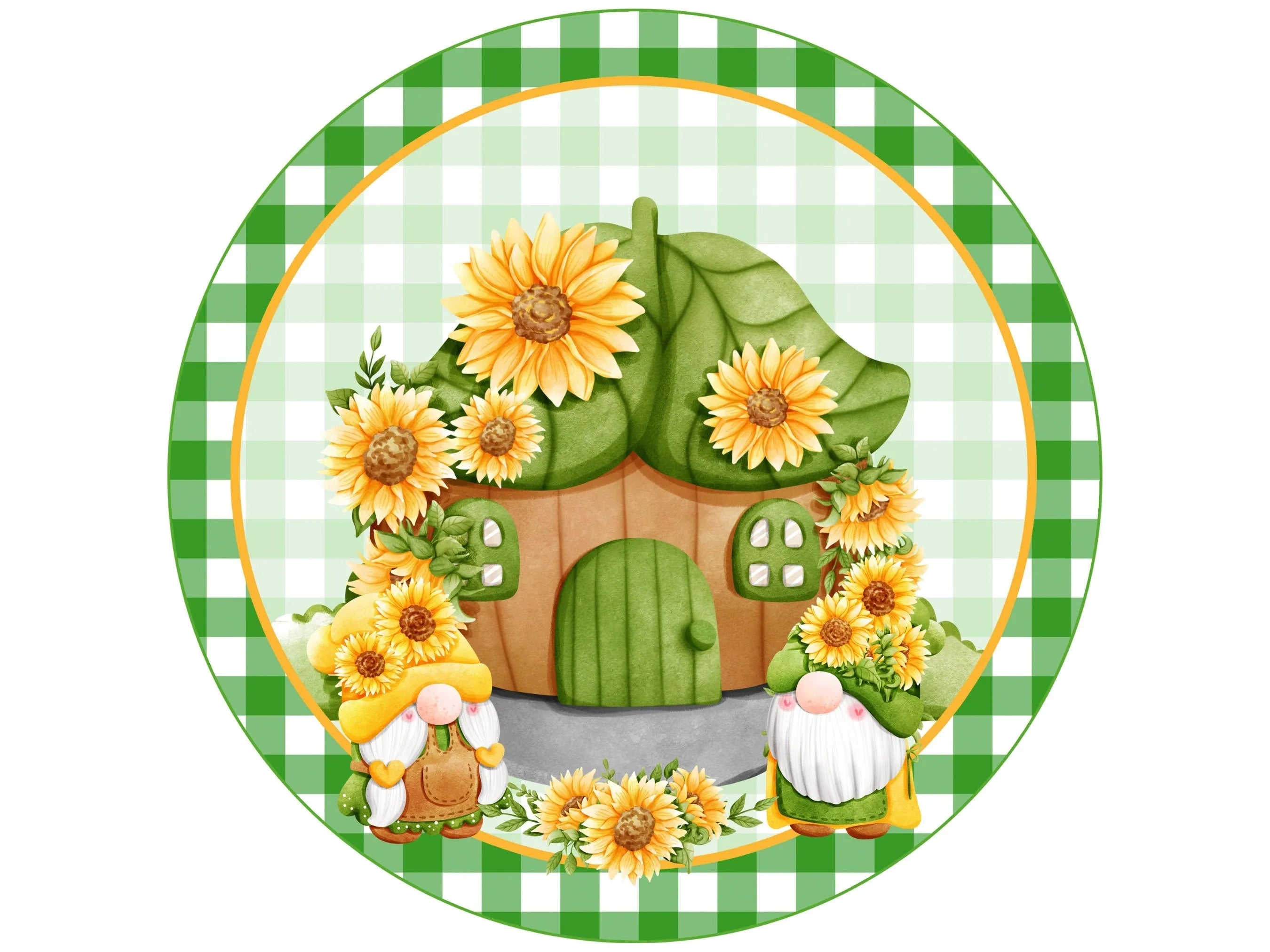 green buffalo check gnome couple sign, gnomes and sunflowers sign, sunflower gnomes wreath sign, spring gnomes sign