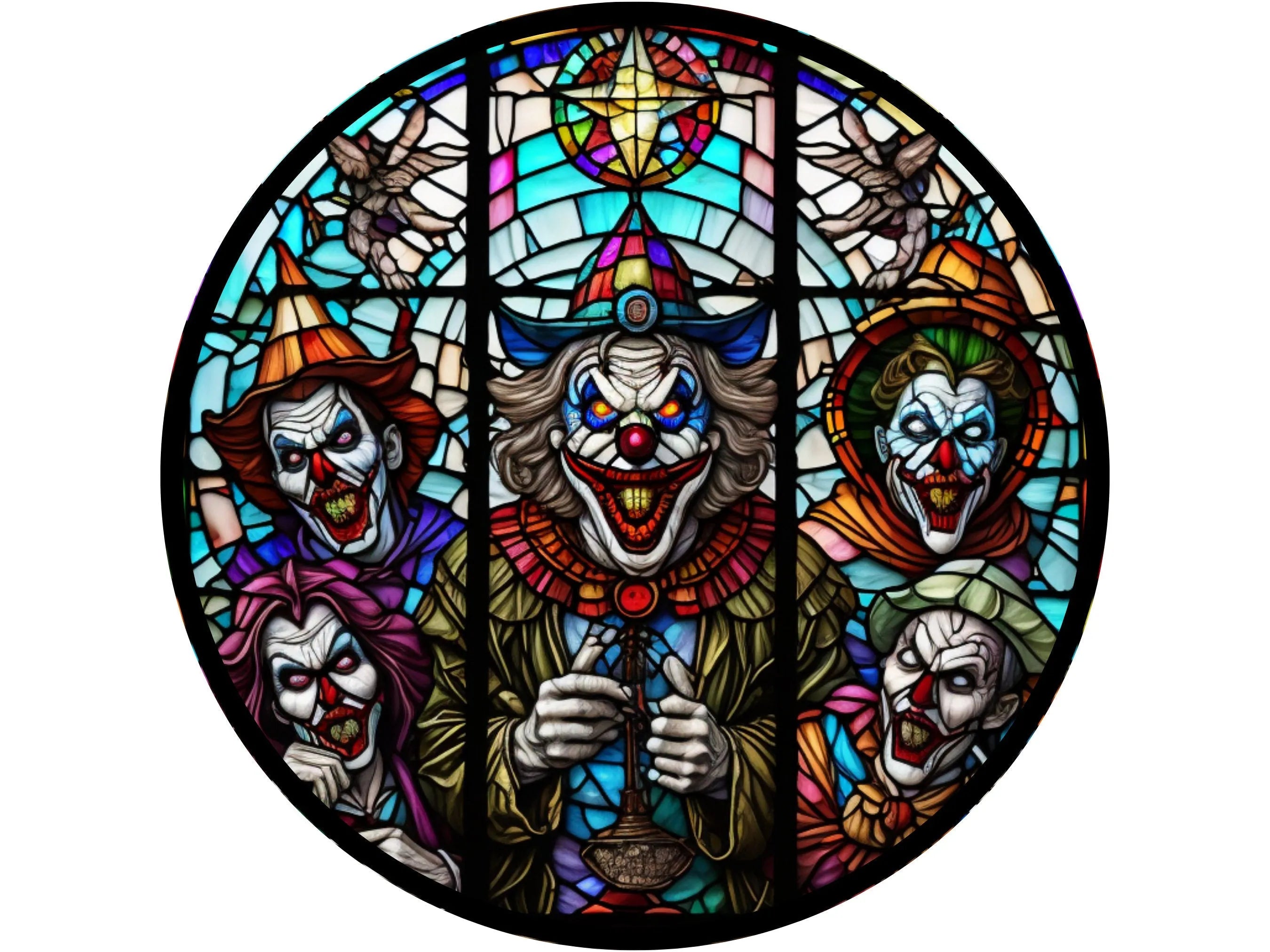 group of stained glass scary killer clowns wreath sign, sign for Halloween, sign for October