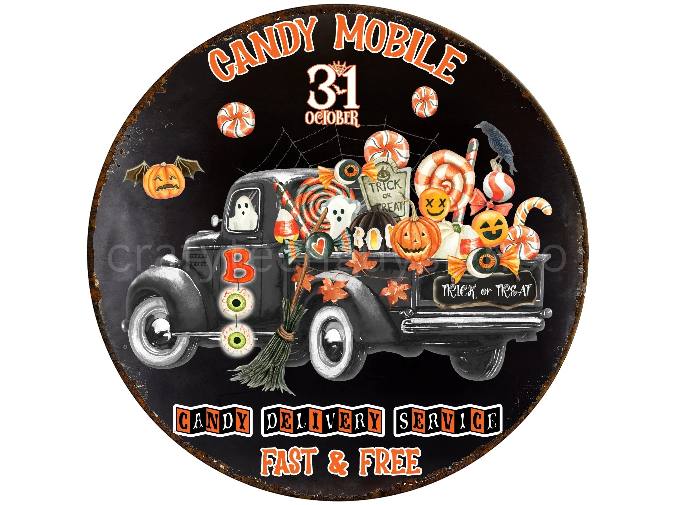 Halloween antique truck candy wreath sign, Happy Halloween candy delivery service sign