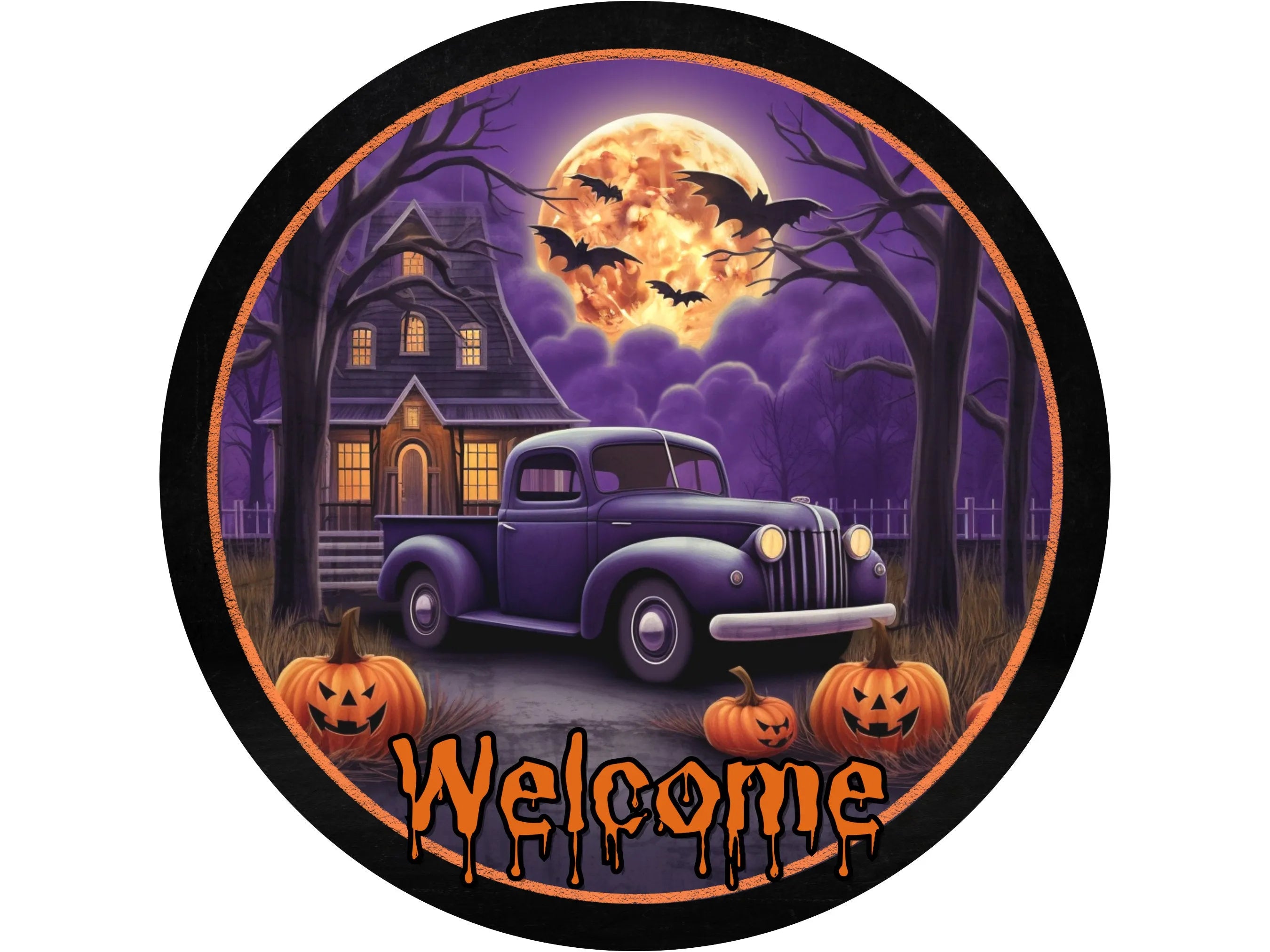 Halloween Welcome Metal Sign, Spooky Truck Decor, Haunted House Decoration, Fall Porch Art, Pumpkin and Bat Theme, Perfect Halloween Gift