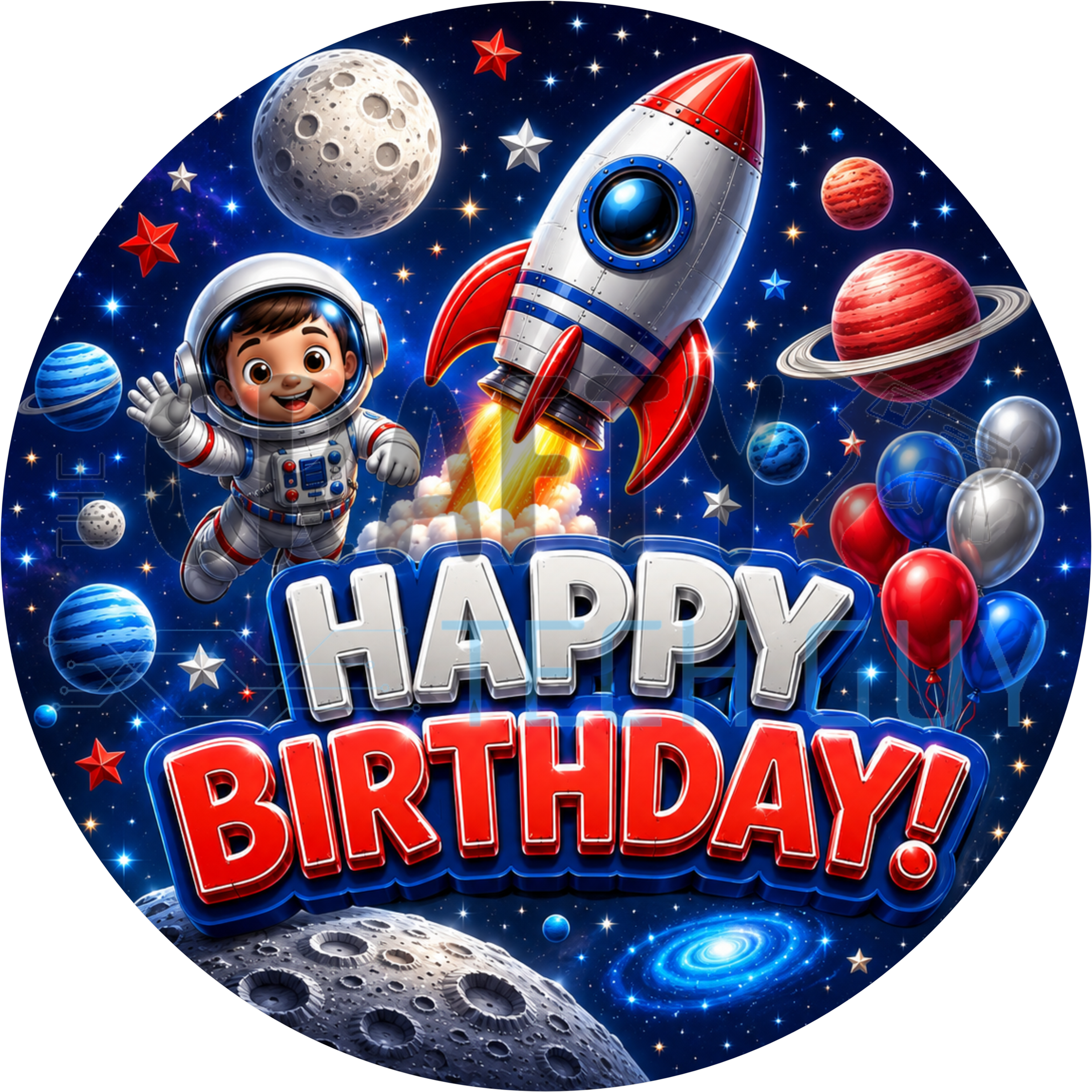 Happy Birthday round wreath sign in coated aluminum, showing an astronaut, a rocket, ringed planets and stars