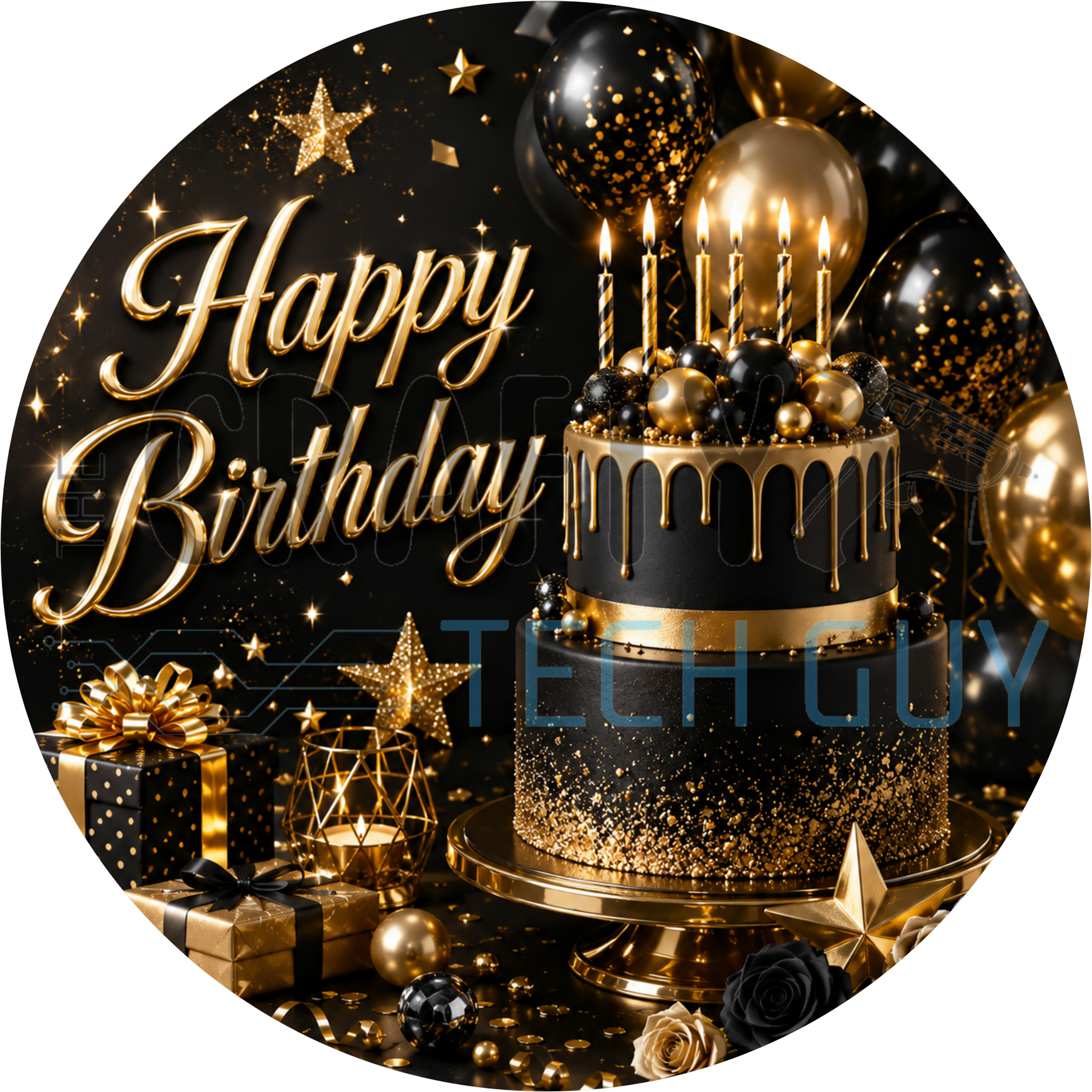 Happy Birthday round wreath sign in coated aluminum, showing an elegant black and gold tiered cake with balloons and confetti