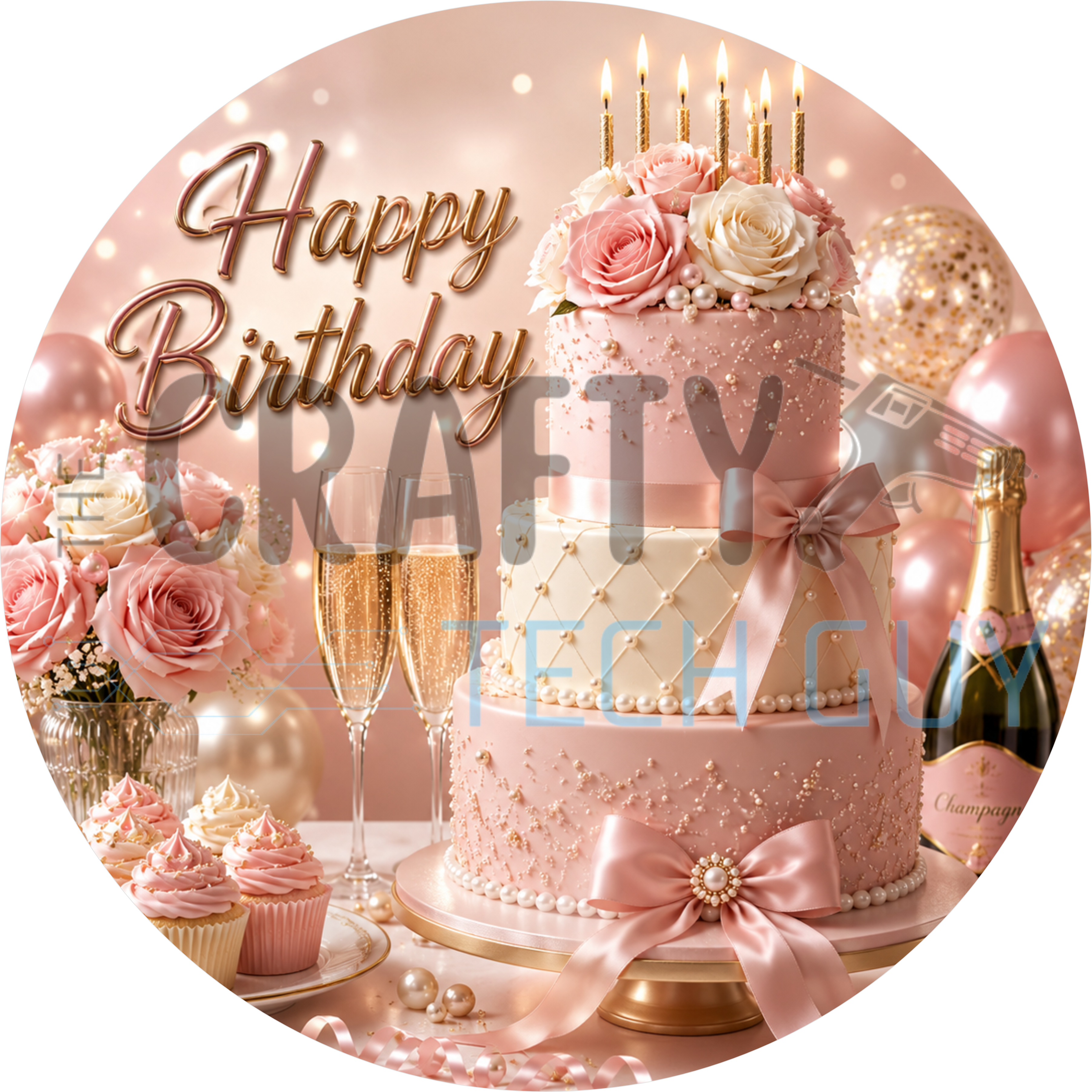 Happy Birthday round wreath sign in coated aluminum, showing a blush pink tiered cake with rose gold balloons and confetti