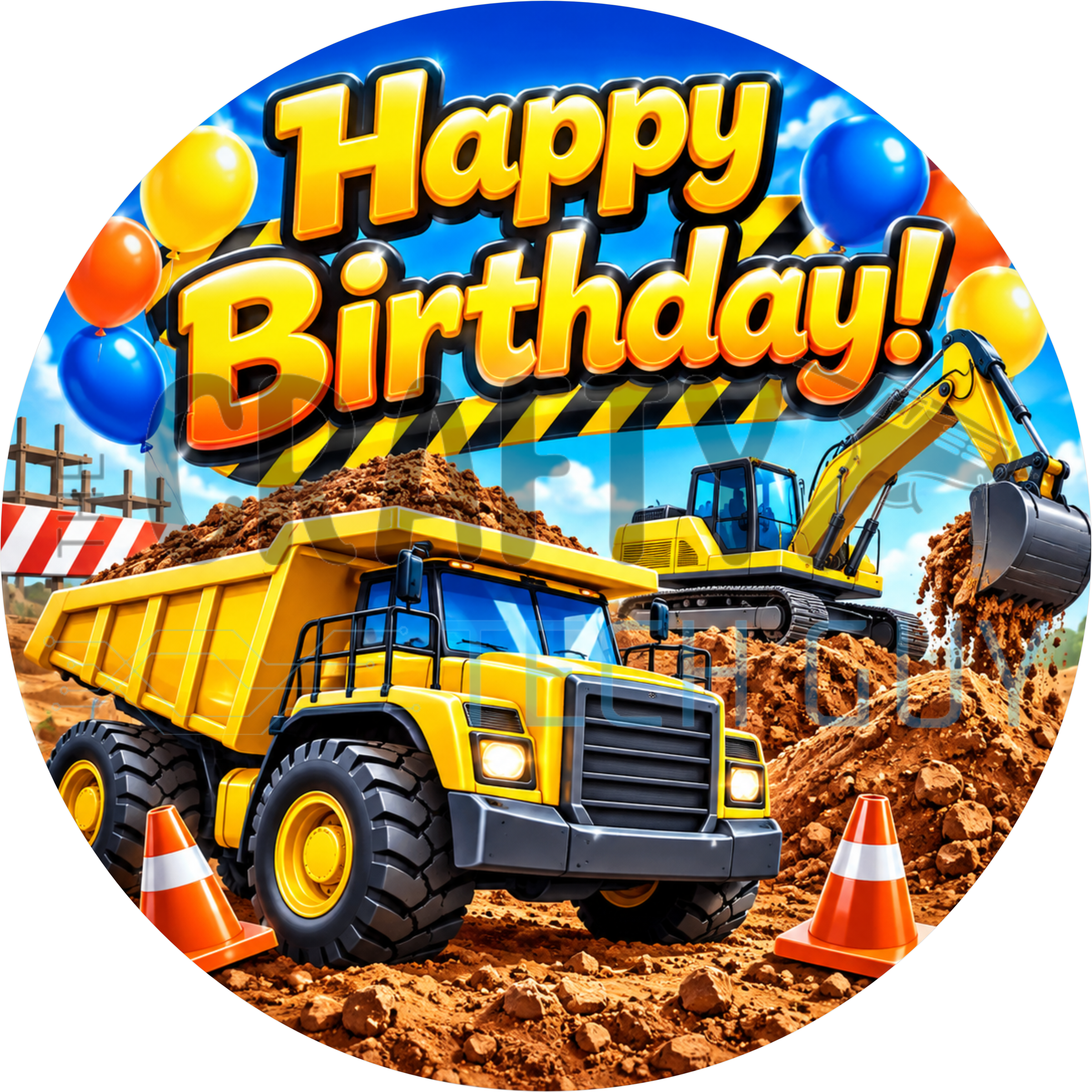 Happy Birthday round wreath sign in coated aluminum, showing a yellow dump truck, an orange excavator, dirt piles and traffic cones