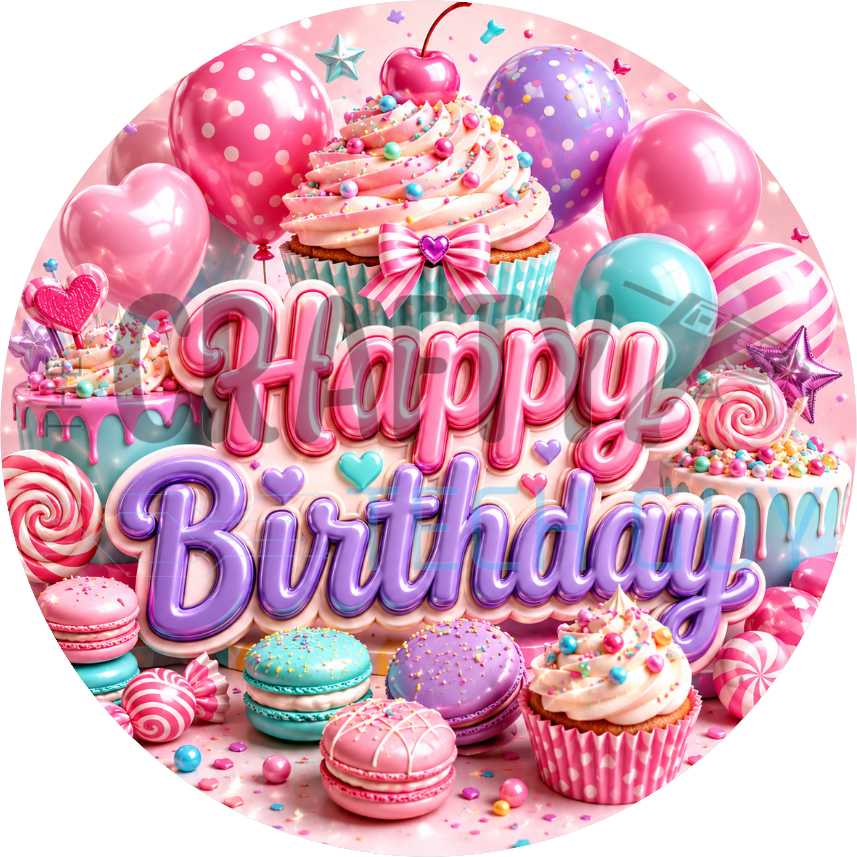 Happy Birthday round wreath sign in coated aluminum, showing a sprinkled cupcake with pastel balloons and wrapped candy