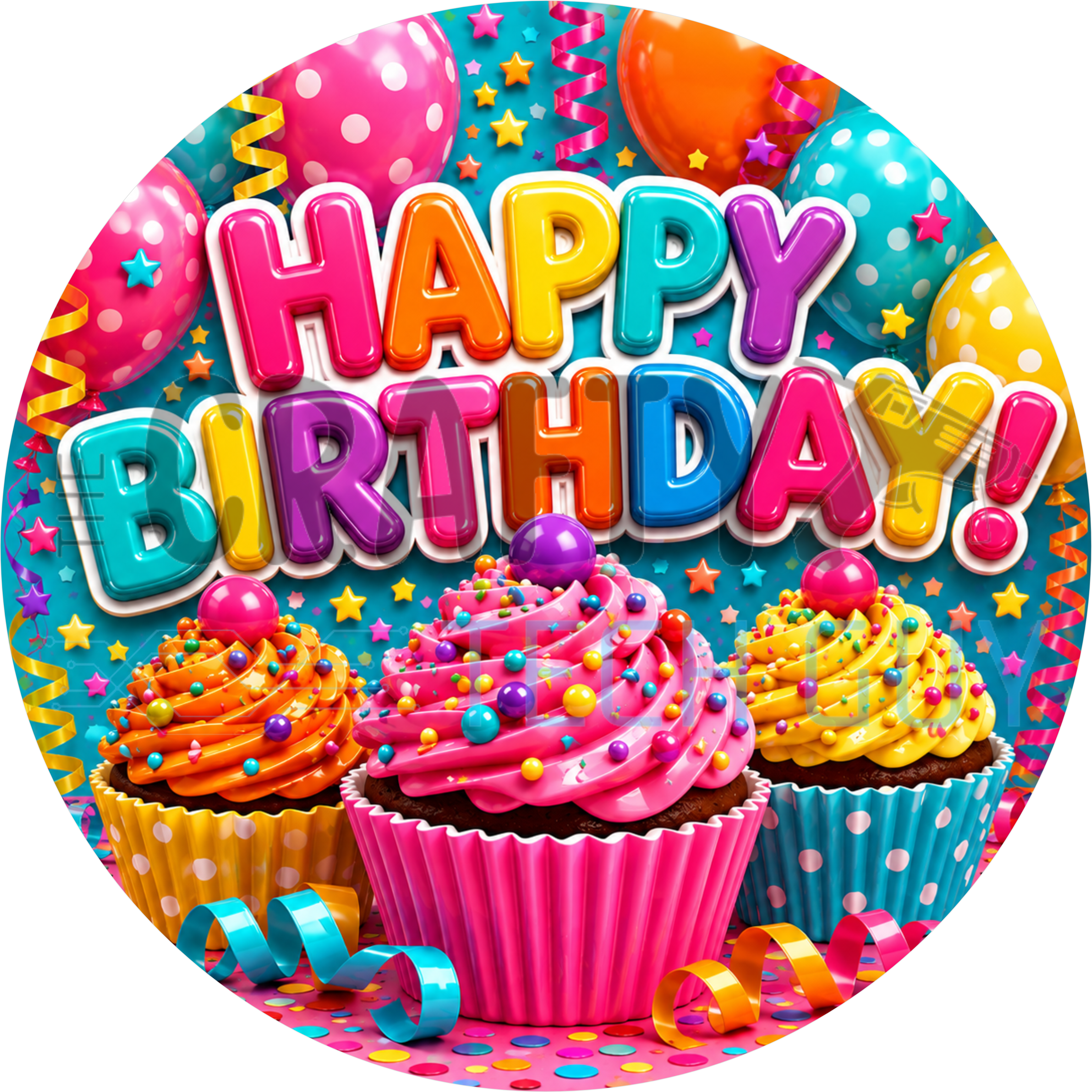 Happy Birthday round wreath sign in coated aluminum, showing cupcakes, colorful balloons and confetti on a teal background