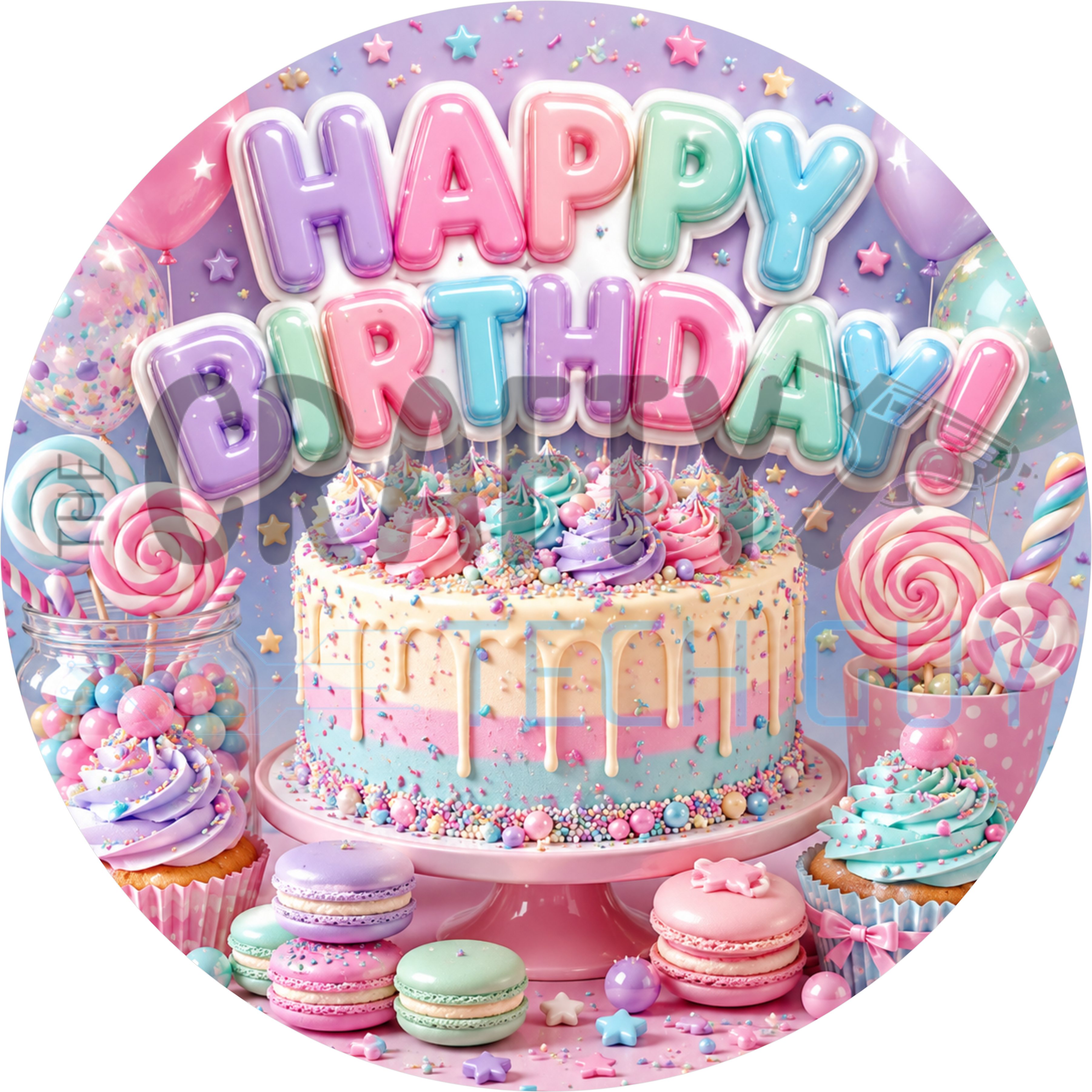 Happy Birthday round wreath sign in coated aluminum, showing a pastel macaron drip cake with lollipops and scattered candy