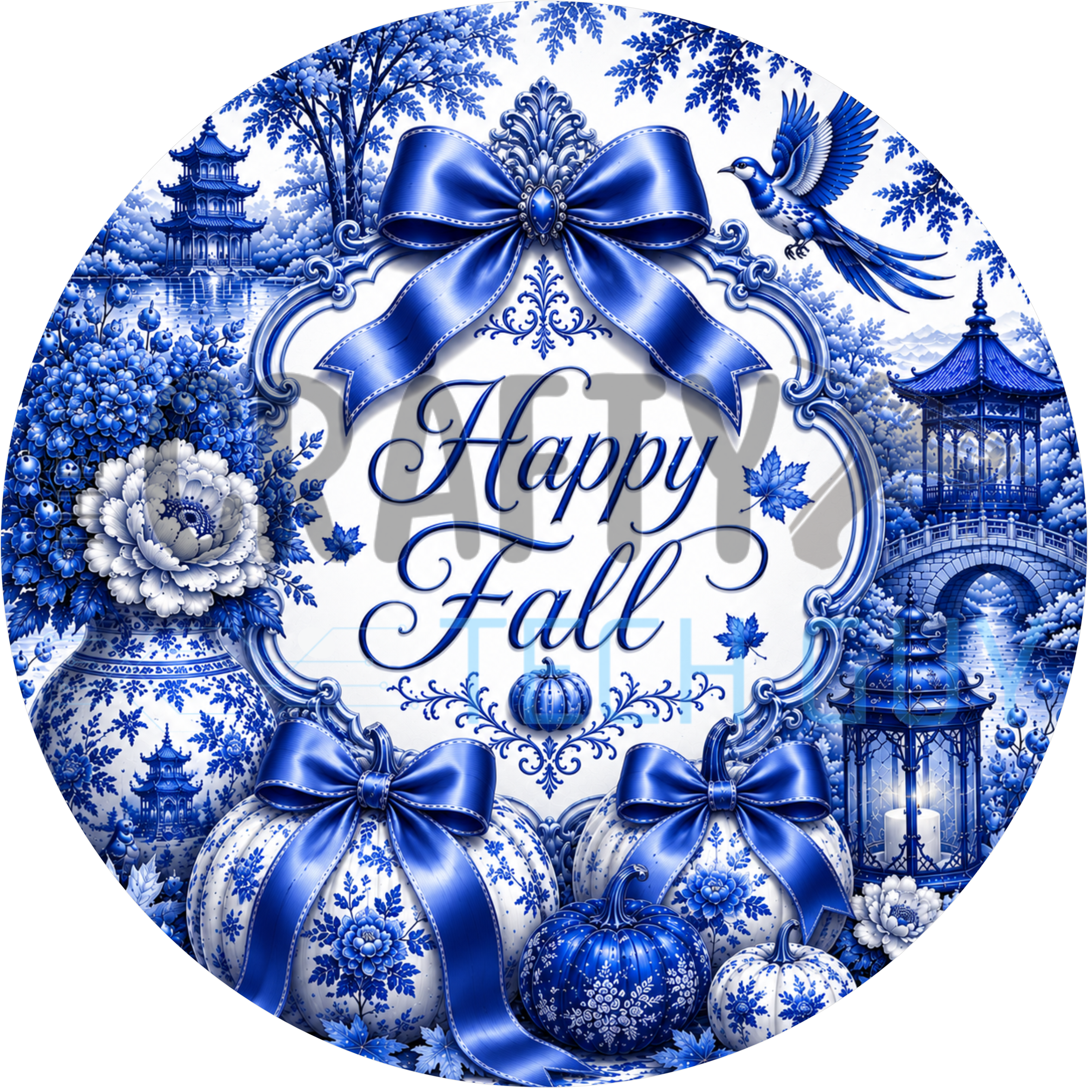 Happy Fall round sign with blue script in an ornate frame, blue bow, chinoiserie pagodas, birds and porcelain pumpkins