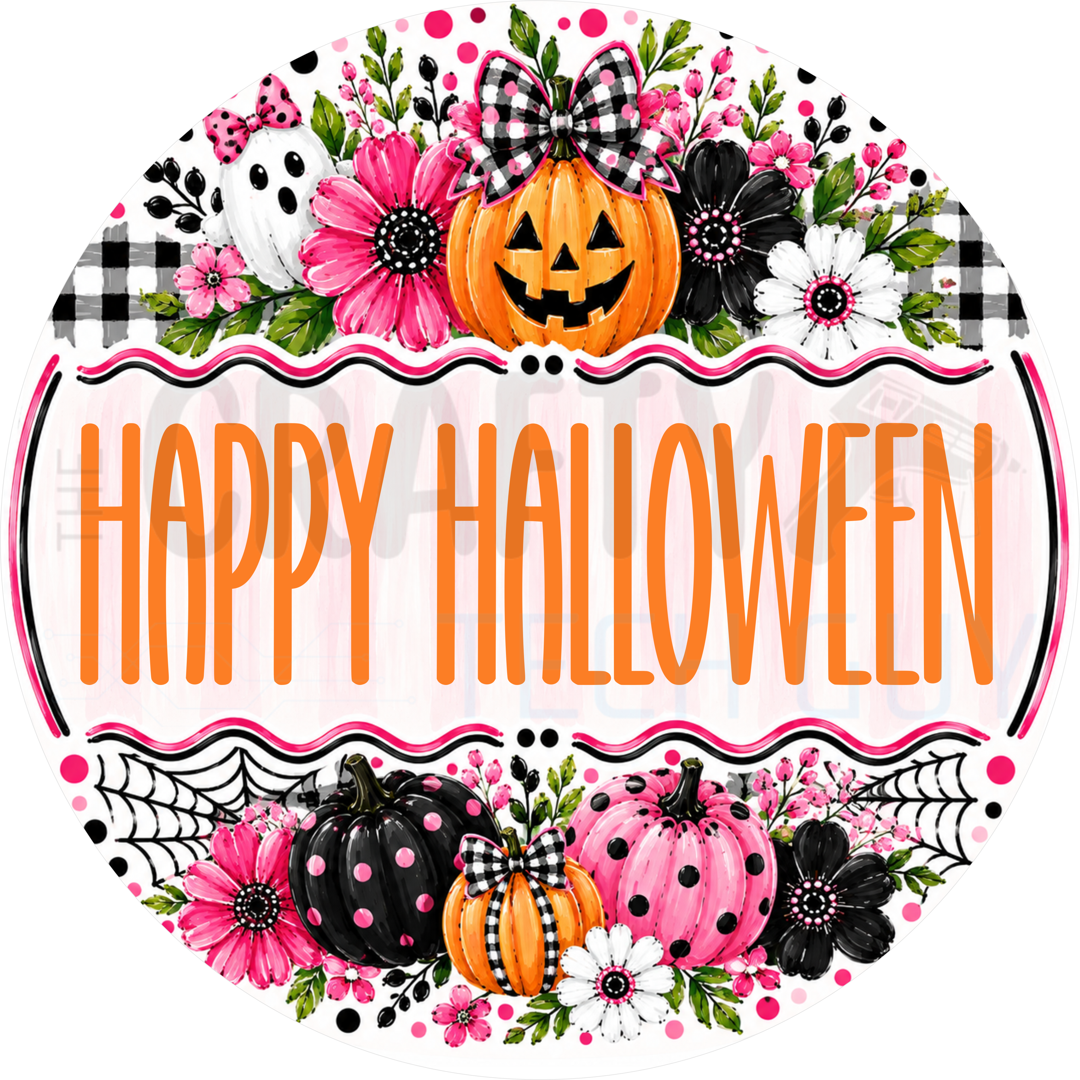 Happy Halloween round wreath sign in coated aluminum, showing a smiling jack-o'-lantern, a ghost with a pink bow and pink and black polka dot pumpkins