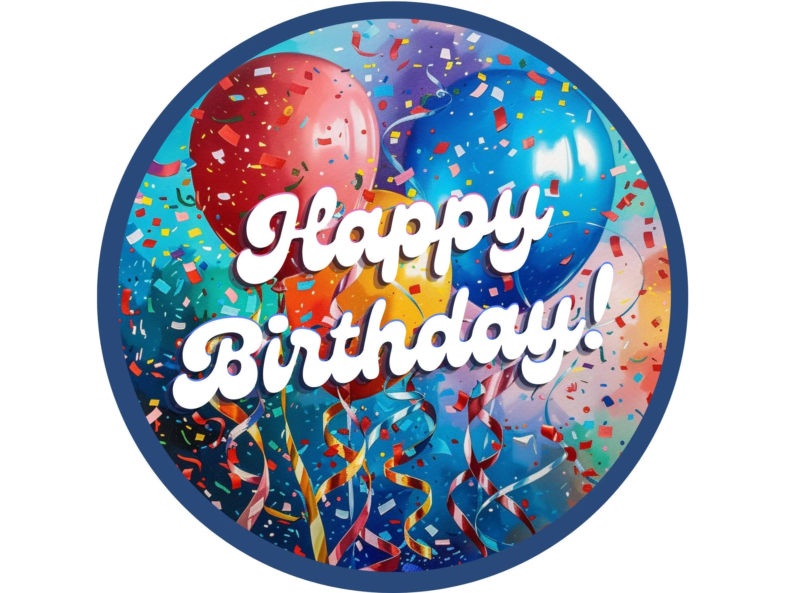 happy birthday wreath sign with confetti and balloons, bright cheerful party decoration sign