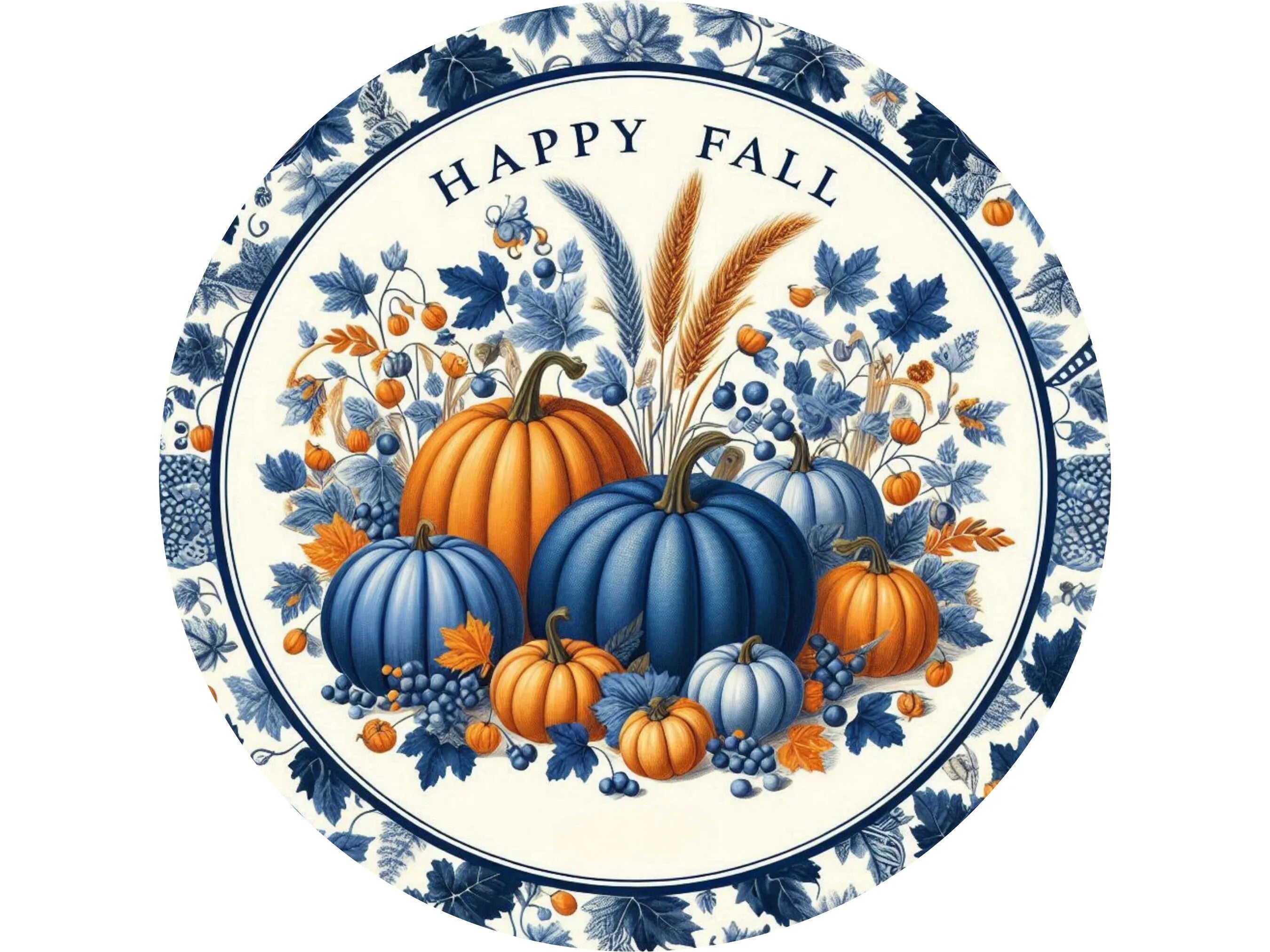 Happy Fall Blue and Orange Pumpkin Sign, Metal Autumn Decor, Vintage Floral Toile Wreath, Thanksgiving Wall Art