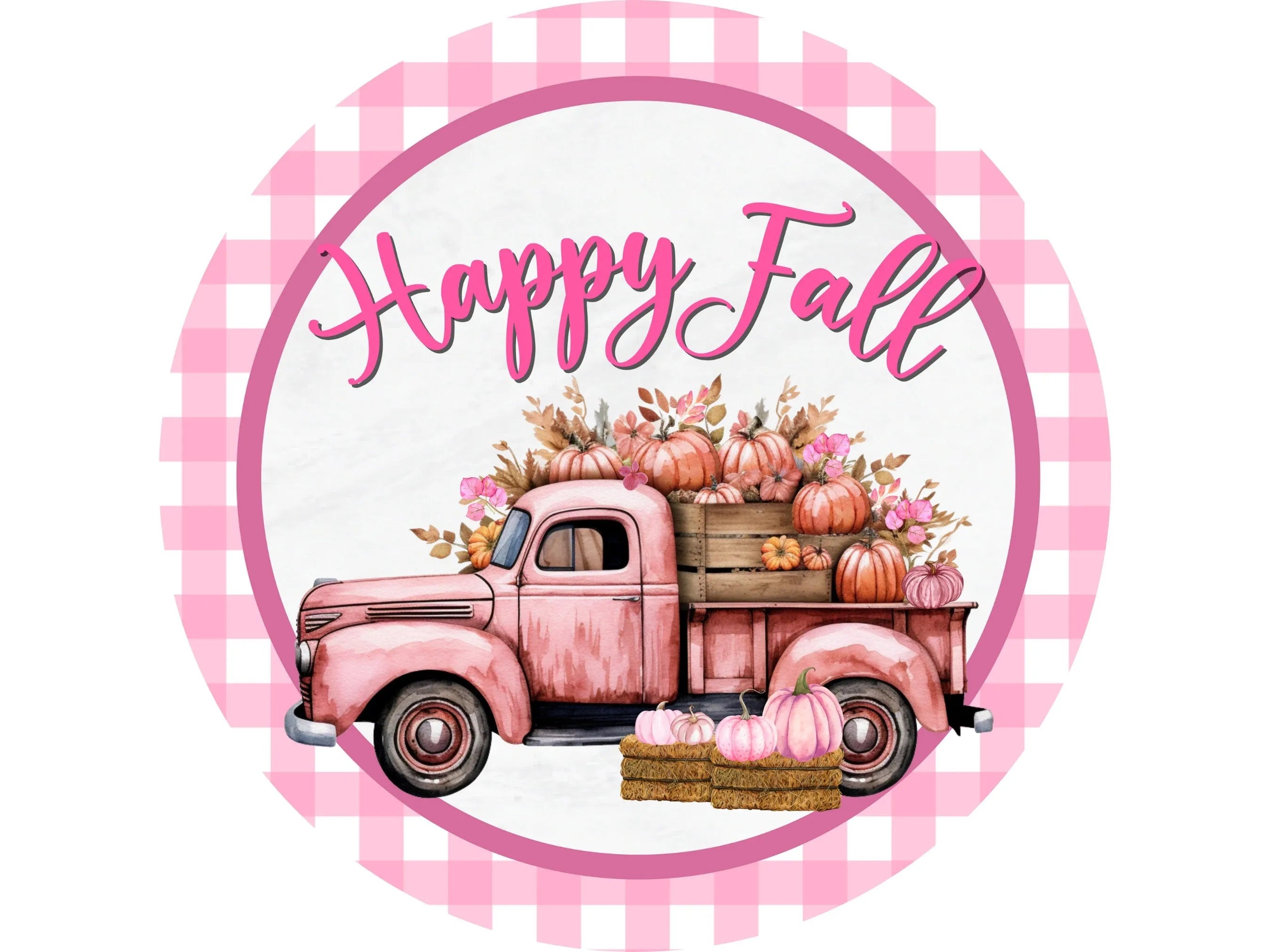 Happy Fall Pink Truck Sign, Metal Gingham Pumpkin Patch Decor, Rustic Autumn Farmhouse Wall Art, Pink Harvest Sign