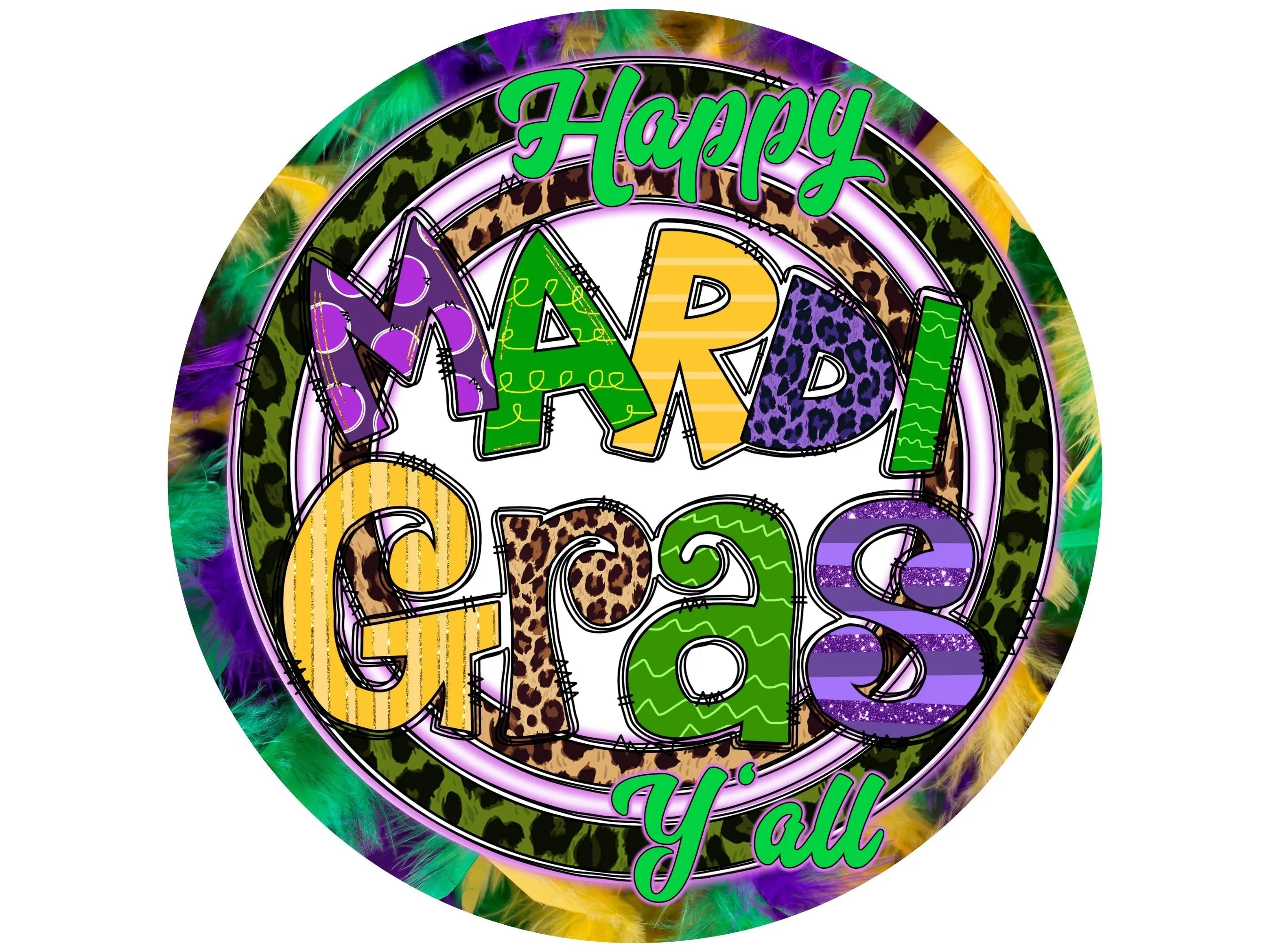 Happy Mardi Gras animal print feathers wreath sign, leopard print polka dot Carnival Mardi Gras wreath attachement