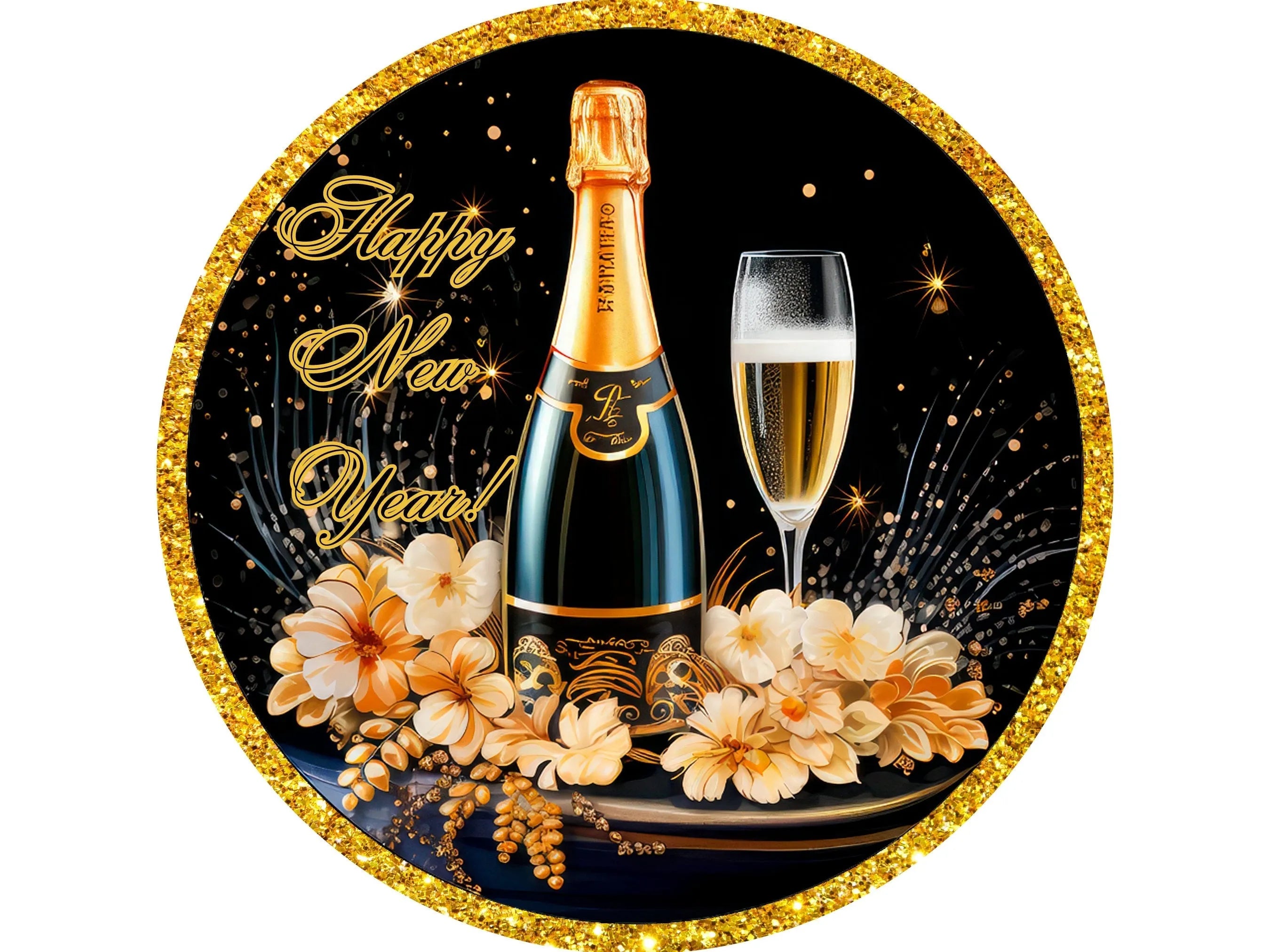 happy new year's day champagne bottle wreath sign, sign for January, sign for New Year