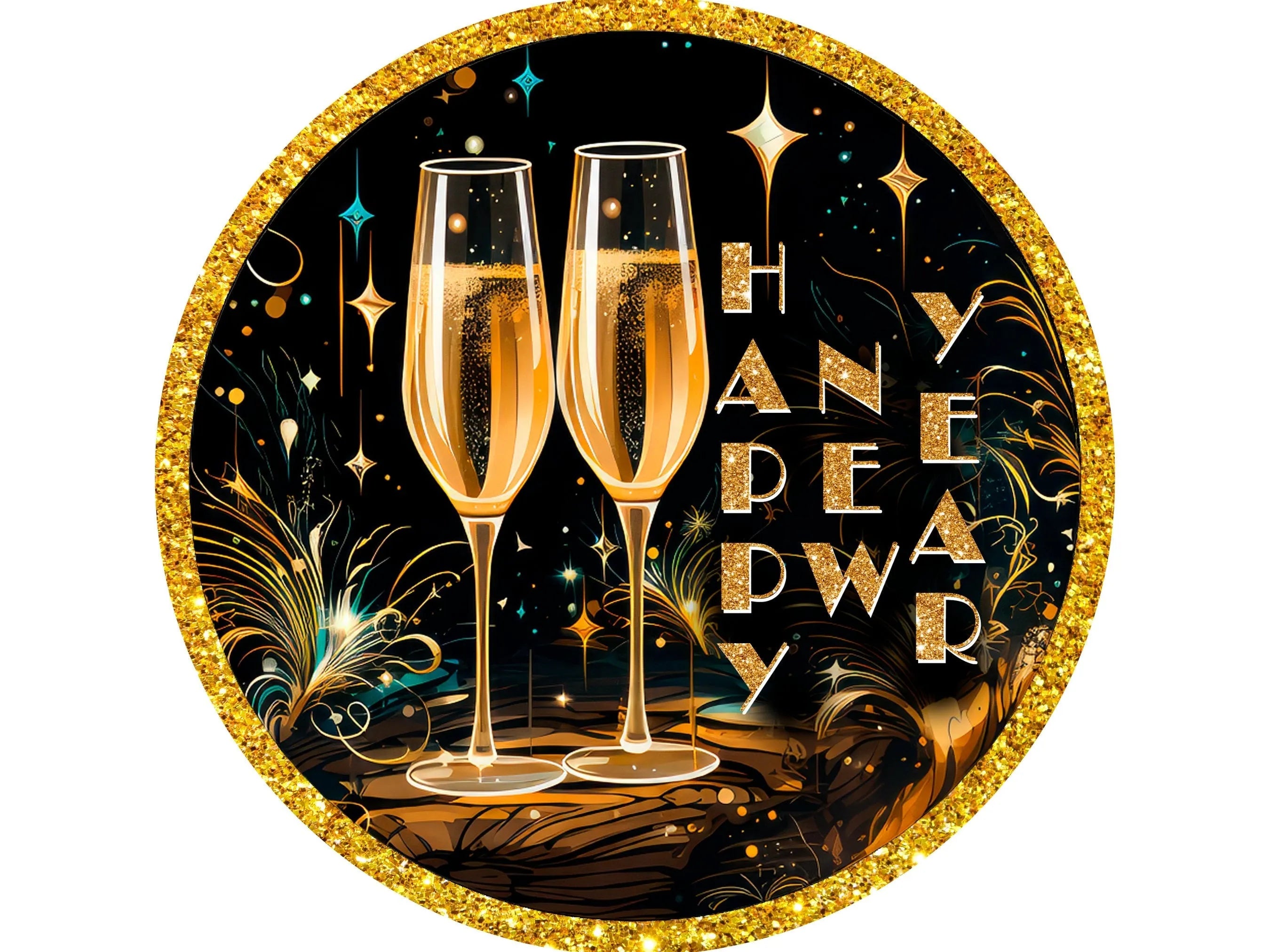 happy new year's day champagne flutes wreath sign, sign for January, sign for New Year