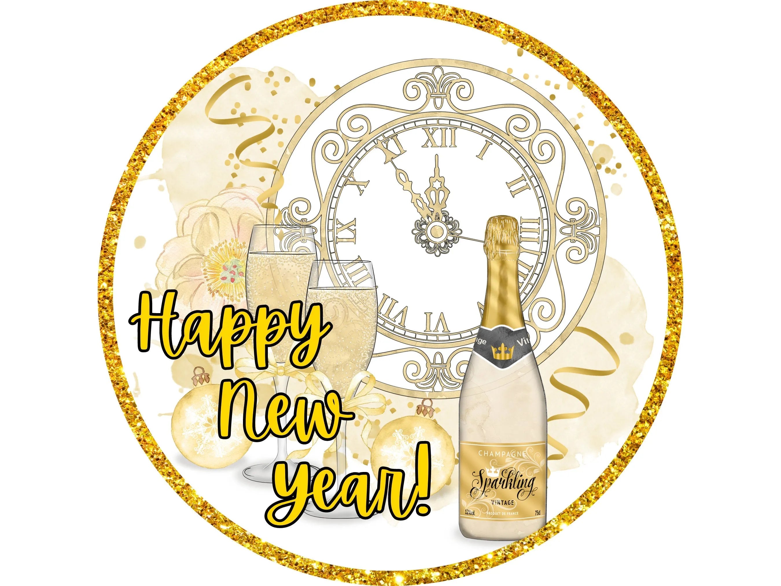 happy new year's day clock and champagne bottle wreath sign, sign for January, sign for New Year