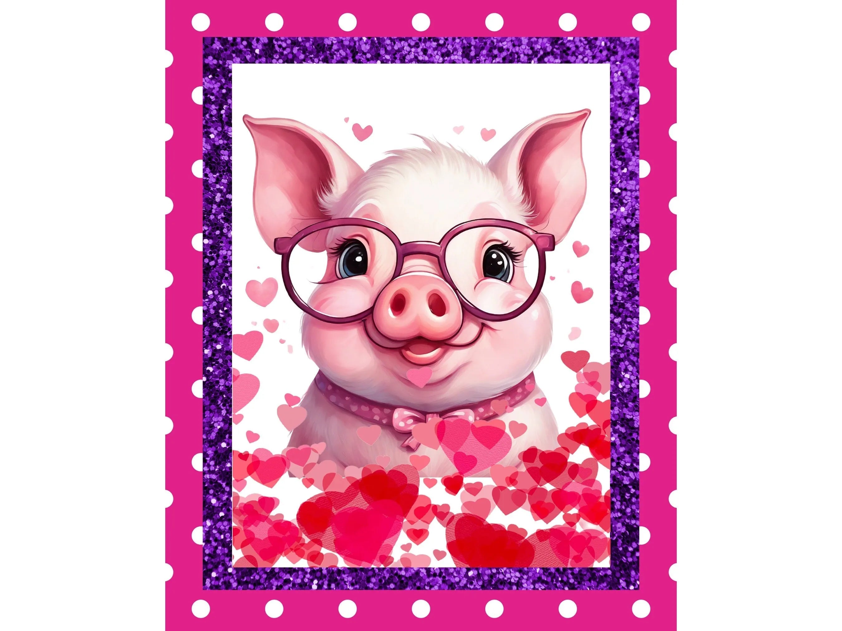 happy pink pig with hearts Valentine's Day wreath sign, smiling pig with glasses wall art, Happy Valentine's Day decoration