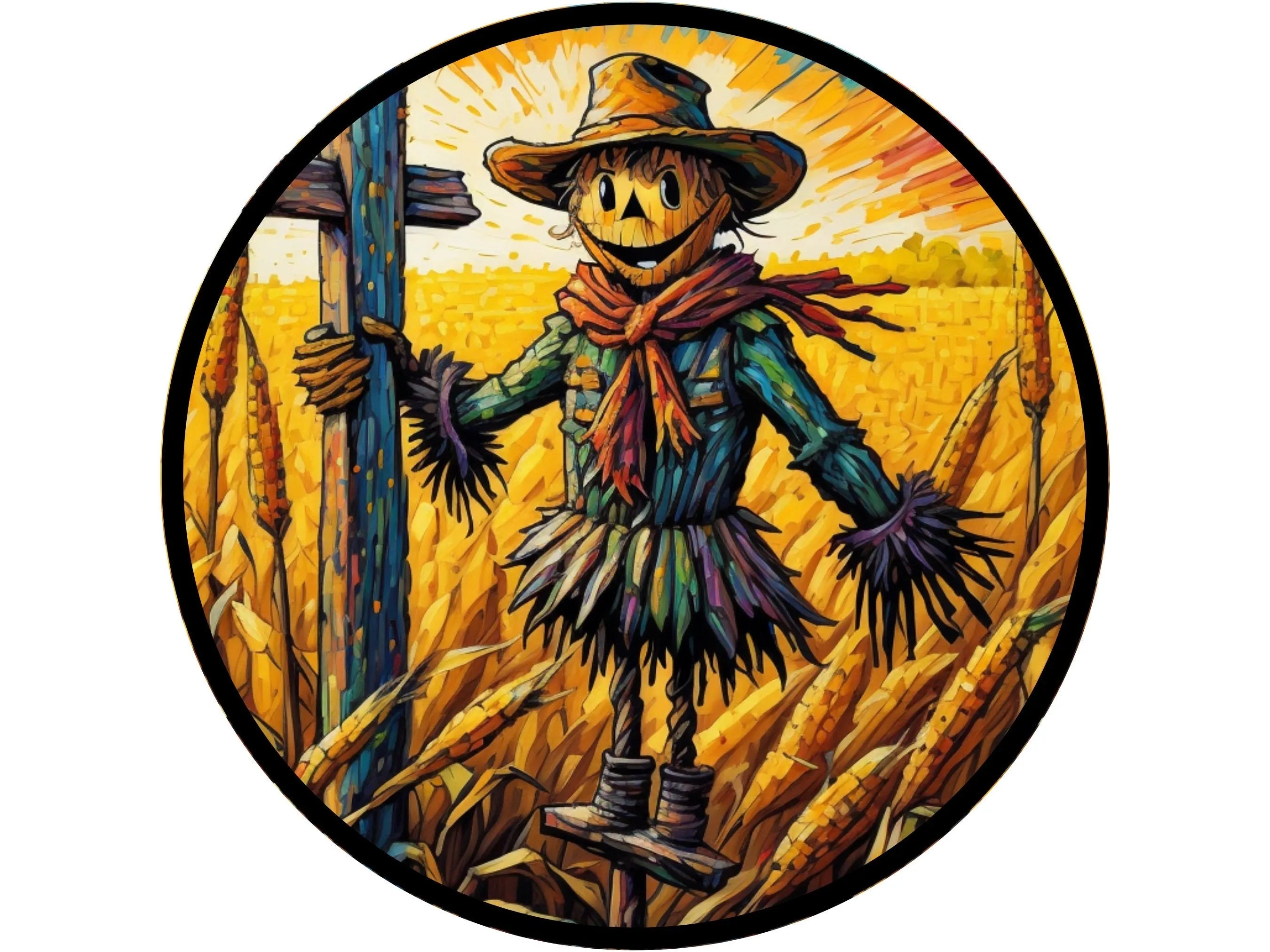 happy scarecrow standing in a corn field wreath sign, sign for October, sign for Halloween